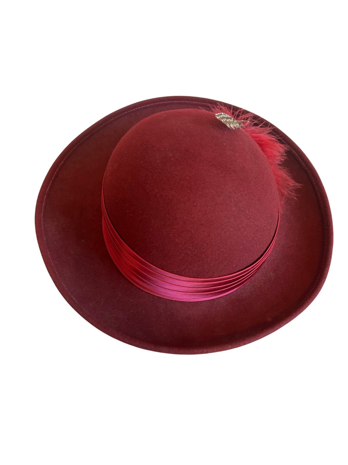 Vintage Geo W Bollman Burgundy Wool Hat With Satin Ribbon & Feather Accent