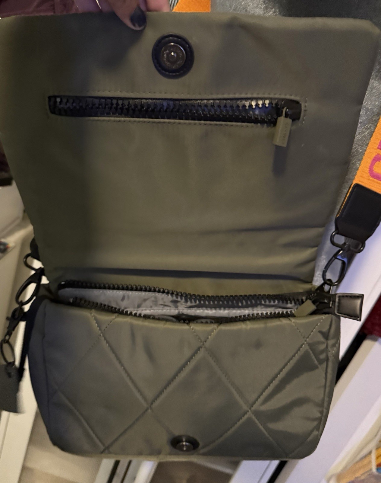Quilted Crossbody Bag Orange “Olive GRATEFUL” Strap Charm Zip Magnetic Pockets