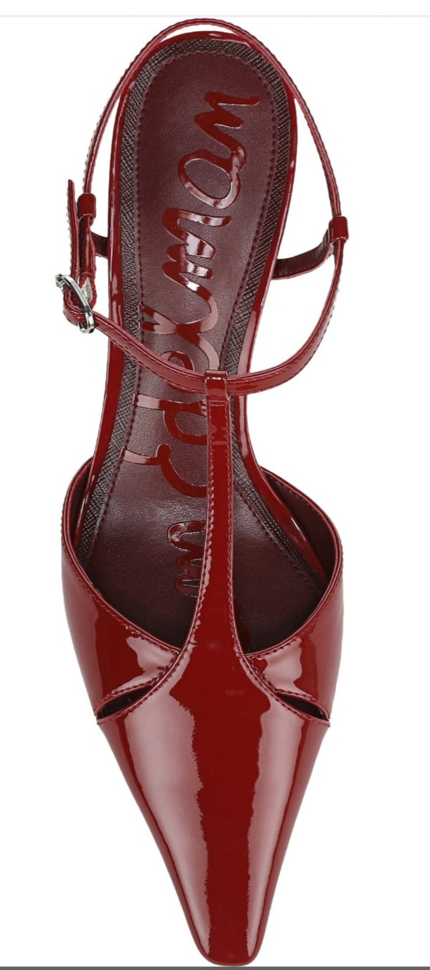 Sam Edelman Patent Leather Red Strappy Kitten Heels Pointed Toe Buckle