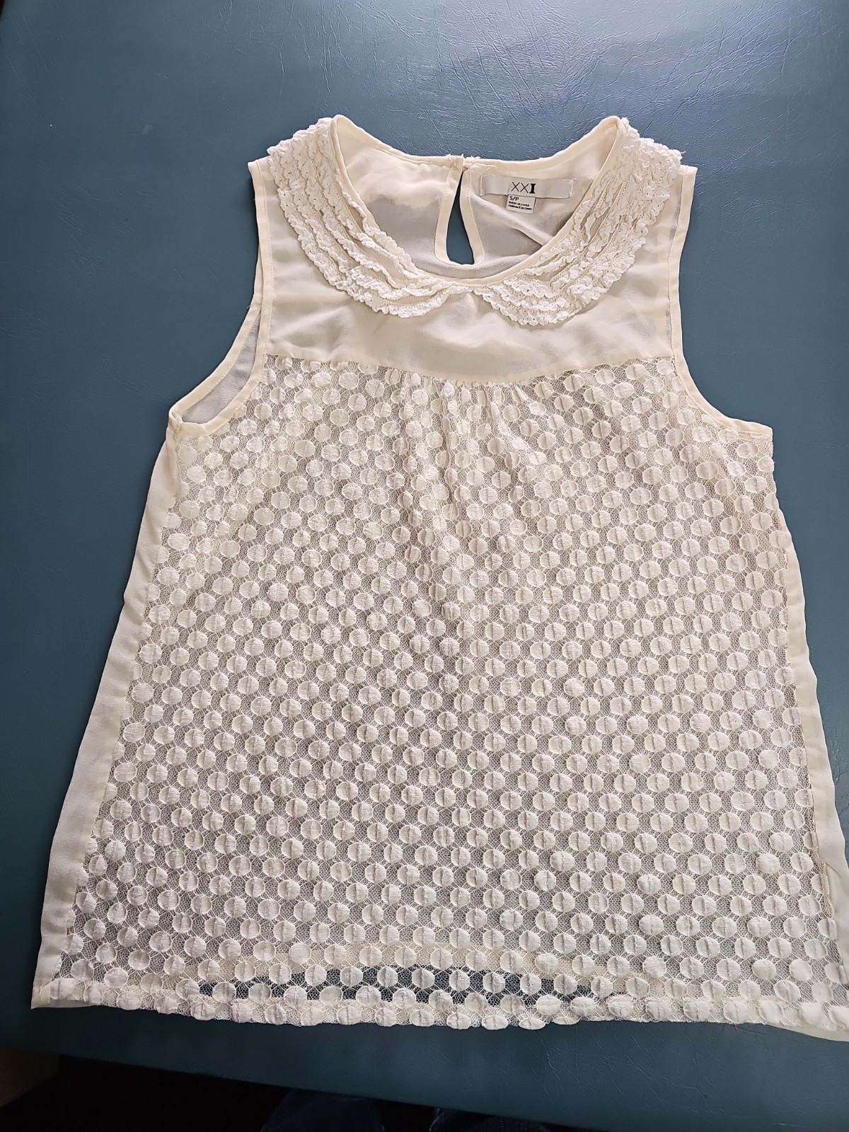 XXI Women’s Cream Colored Sleeveless Top Polka Dot, Sheer Back, Size S