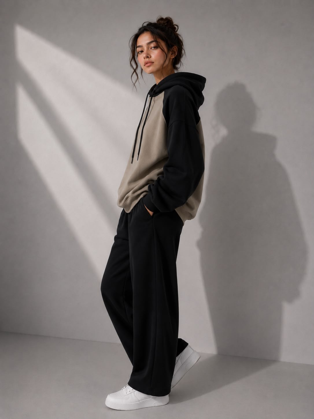 Women’s 2 Piece Hoodie & Wide Leg Pants Set Beige Black Casual Tracksuit Outfit
