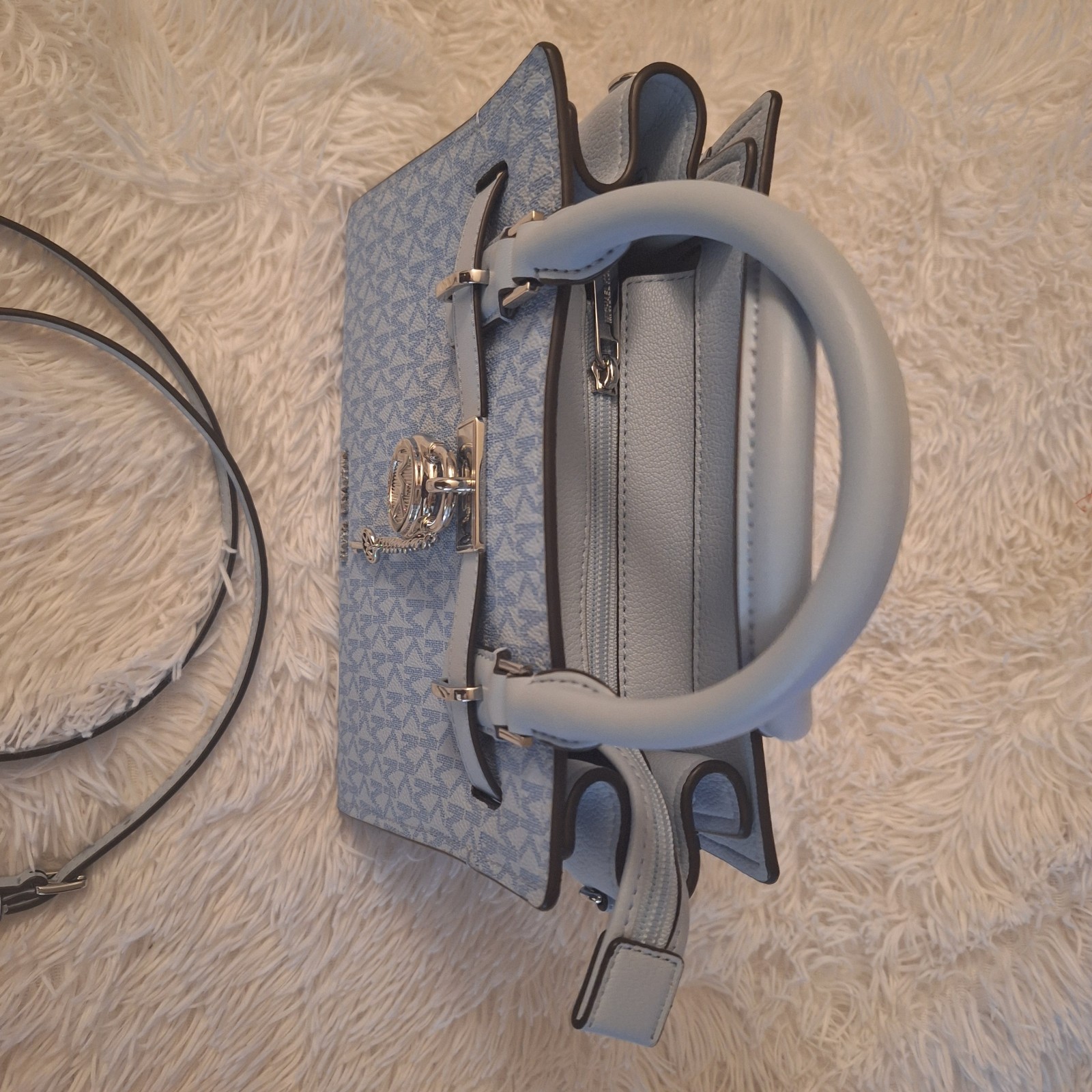 Michael Kors Hamilton Blue Monogram Satchel Top Handle Zip w/ Detachable Strap