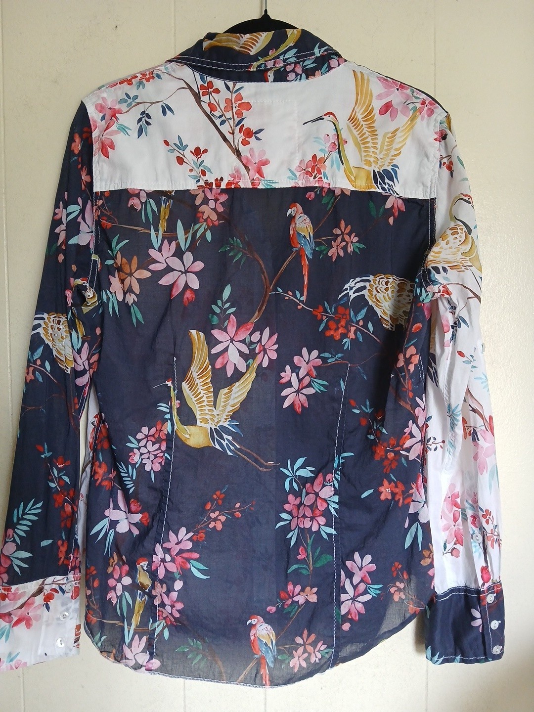 Cino Floral Botanical Bird Print Button Down Blouse Tab Sleeve 100% Cotton Sz M