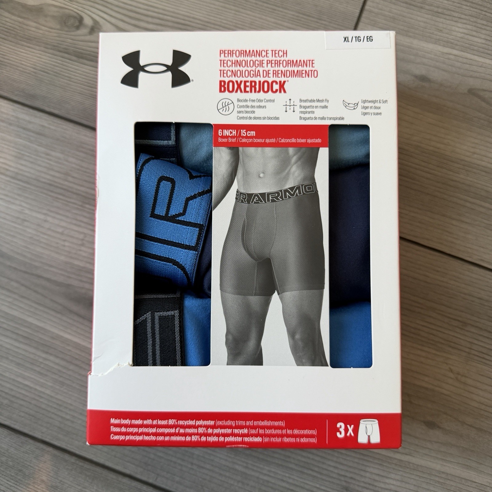 Size XL (37-41) Under Armour UA Performance Tech 6″ Boxerjock Boxers Blue 3 Pack