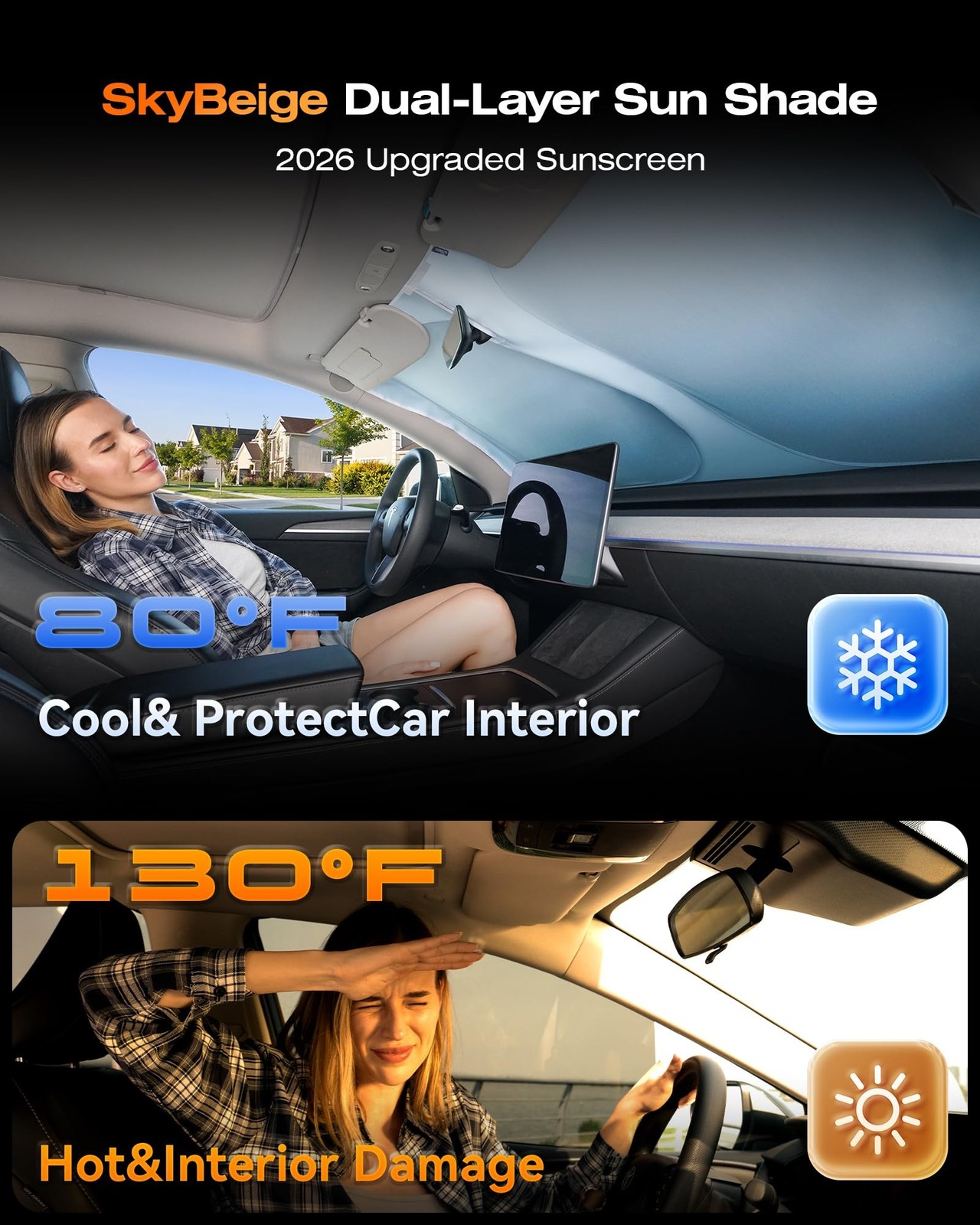 Cooling Car Windshield Sun Shade for Model 3/Y 2014-2026, Green and Beige | 9…
