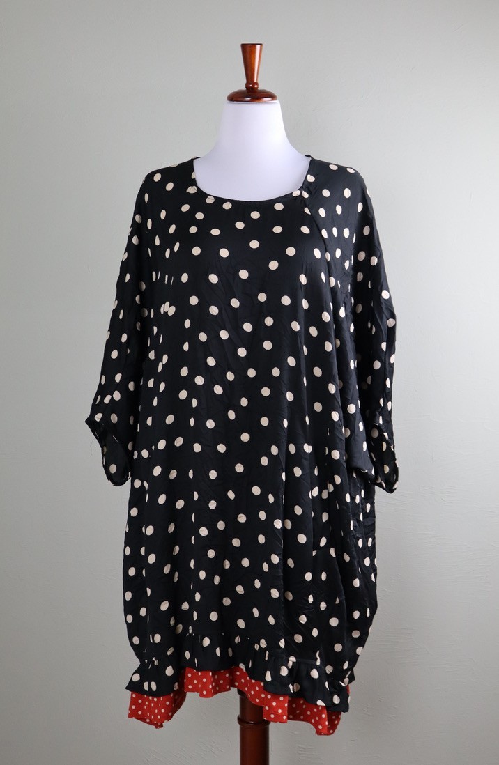 ALEMBIKA $235 Crinkle Polka Dot Ruffle Contrast Hem Dolman Dress Size XL