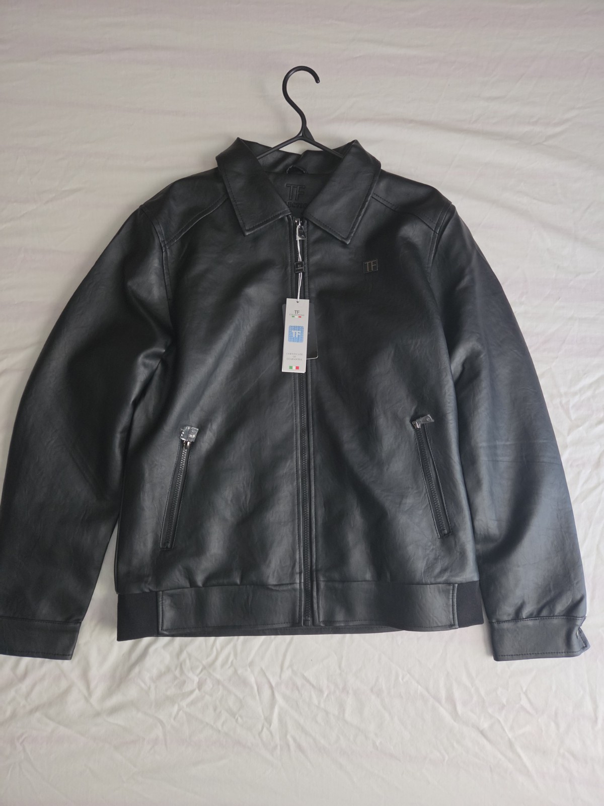 TF Men’s Black Leather Full Zip Biker Jacket L 42 Chest Point Collar
