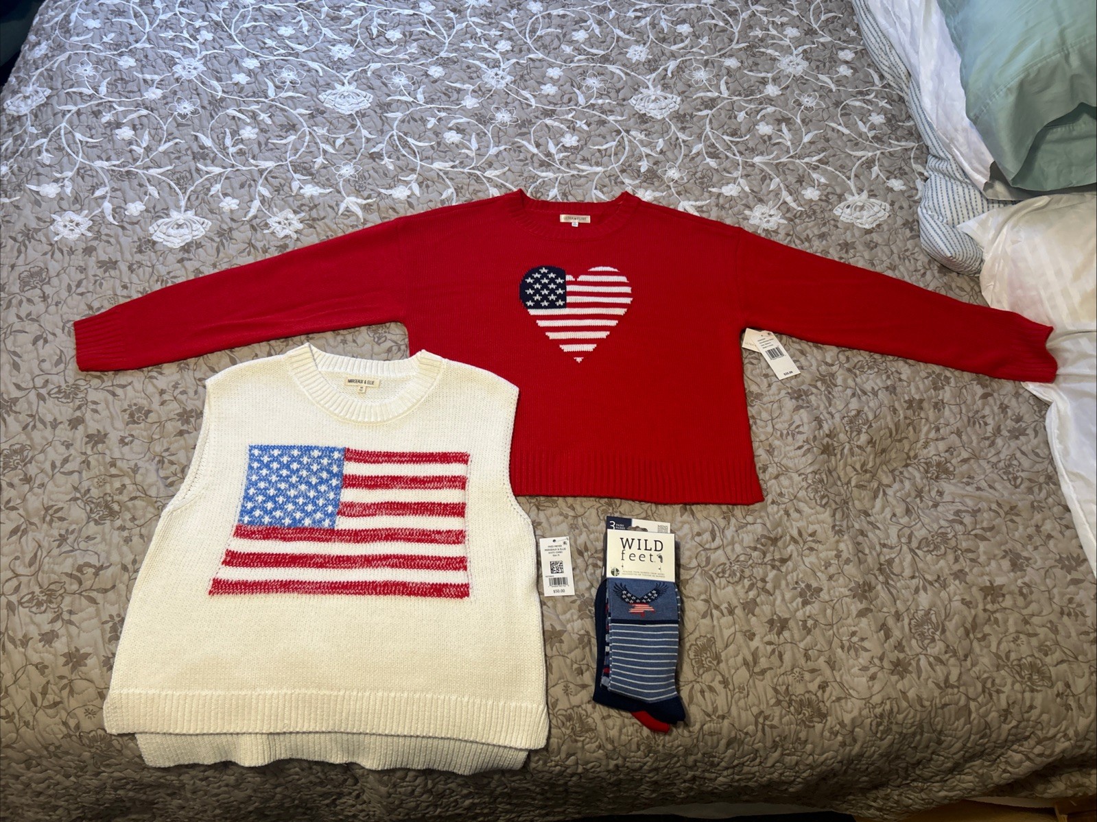 Patriotic Outfit Set: White & Red Flag Sweaters + 3-Pair Socks,