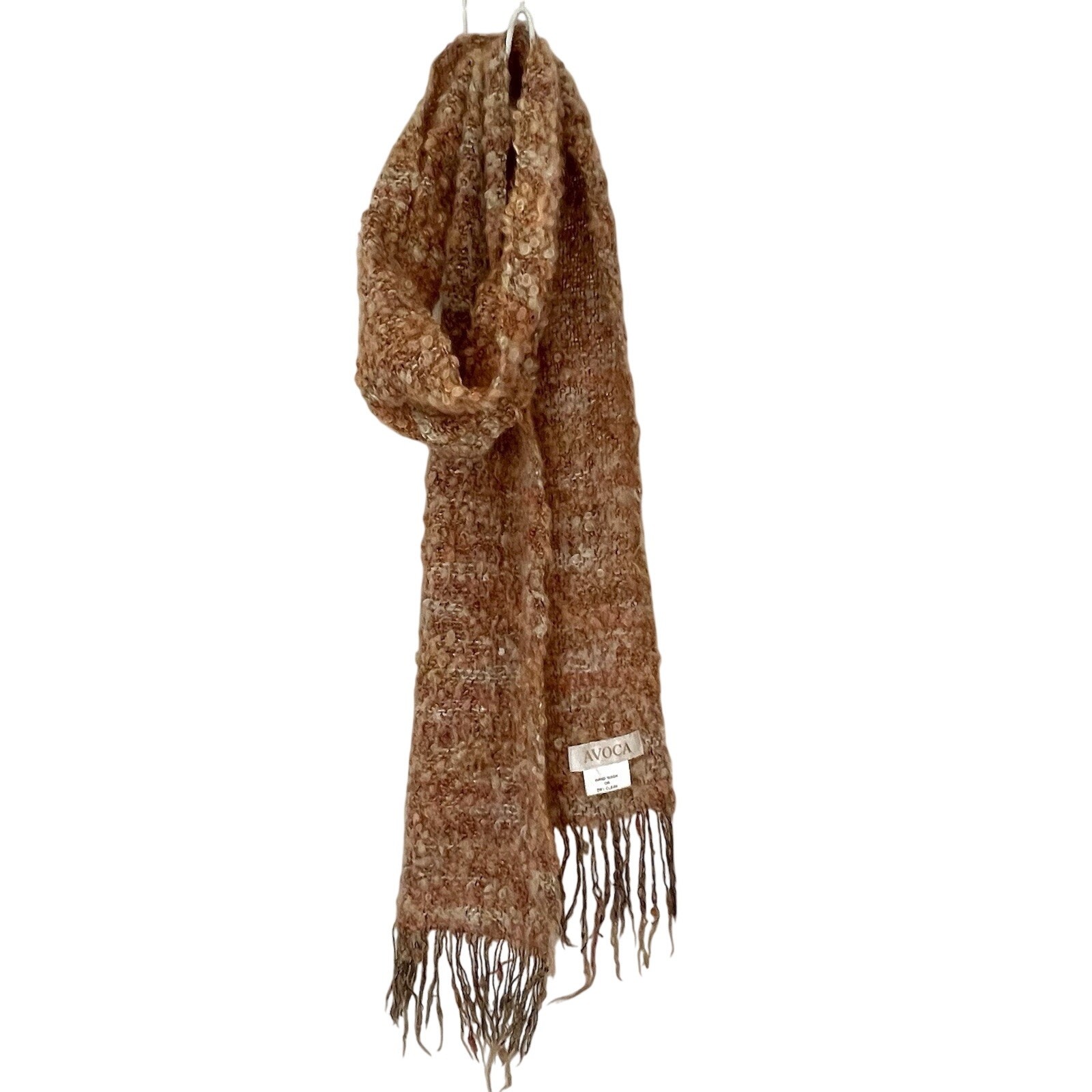Avoca Ireland Fringe Scarf Apricot Textured Boucle Knit Irish Woven Neutral Wool