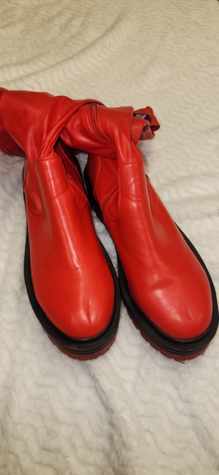 AZALEA WANG Red Over-the-Knee Platform Boots Zip Wide Calf Lug Sole 9
