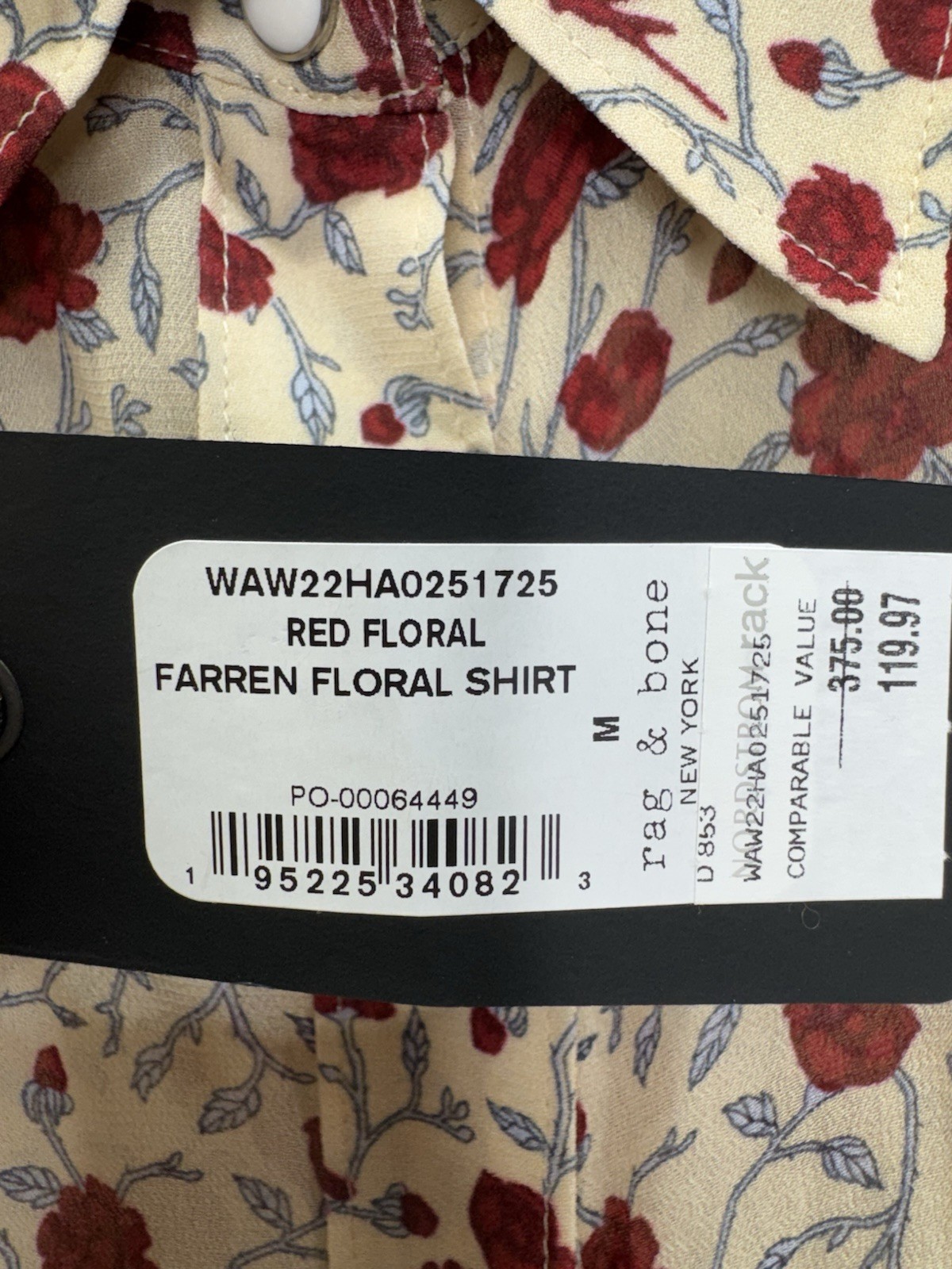 Rag & Bone NWT Farren Red Floral Western Inspired Viscose Shirt Pearl Snap M