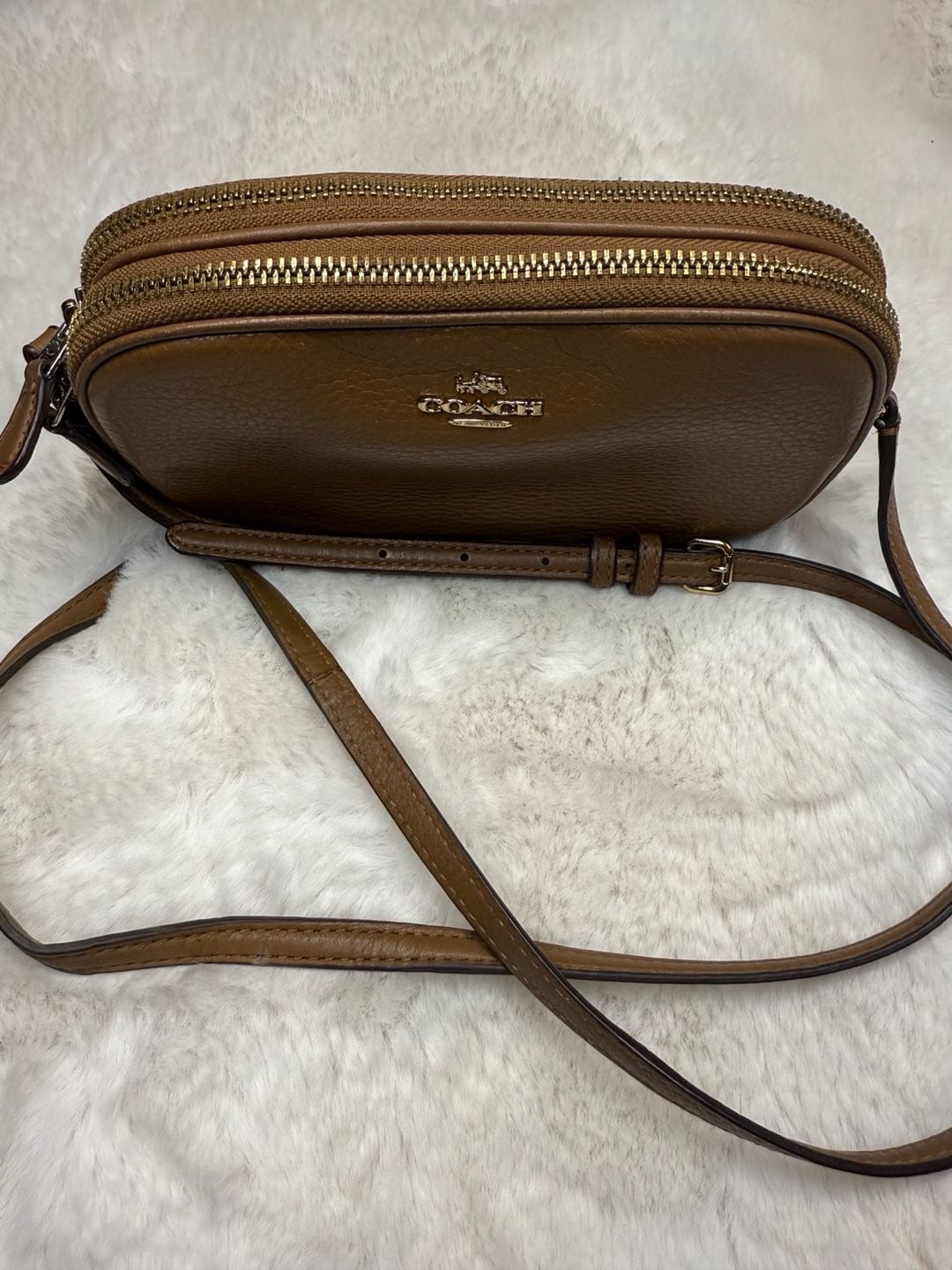 Coach Double Zip Camera Crossbody Bag in Brown Pebbled Leather