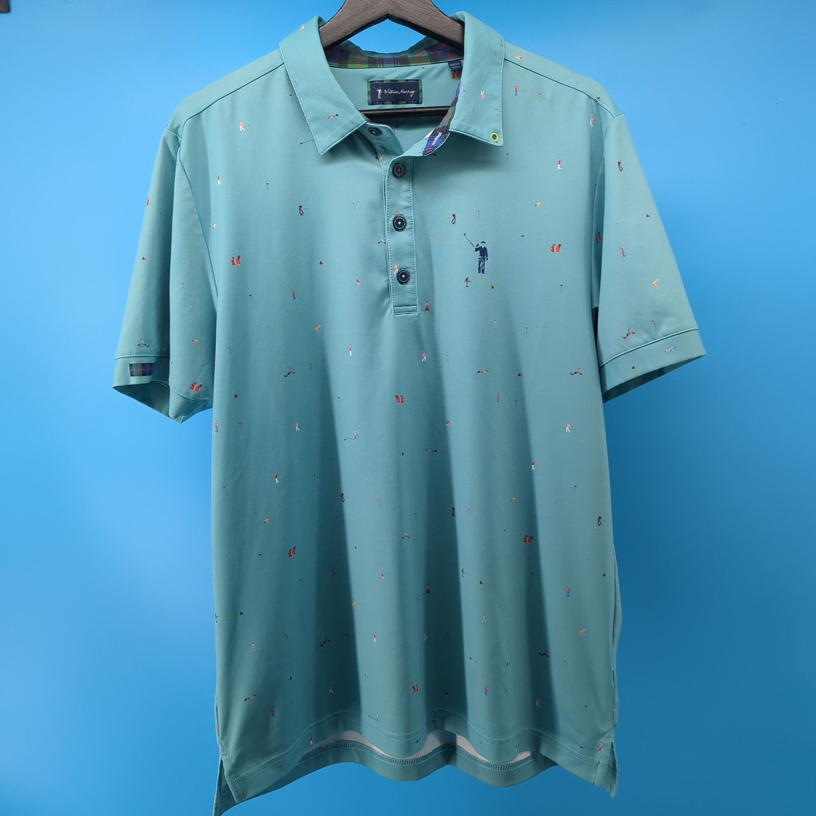 William Murray Mens Medium Golf Polo Shirt Teal Blue Novelty Print Short Sleeve