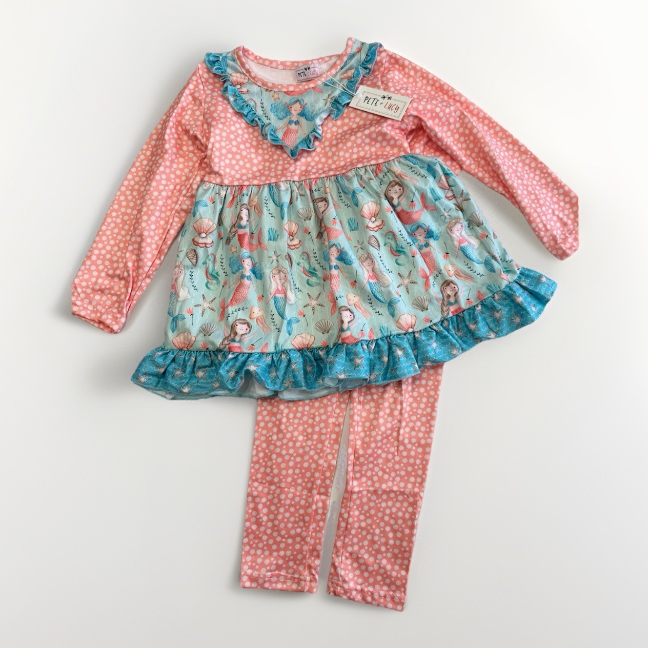 Pete & Lucy Mermaid Dress Outfit Set Polka Dot Leggings Girls Size 5 NEW NWT