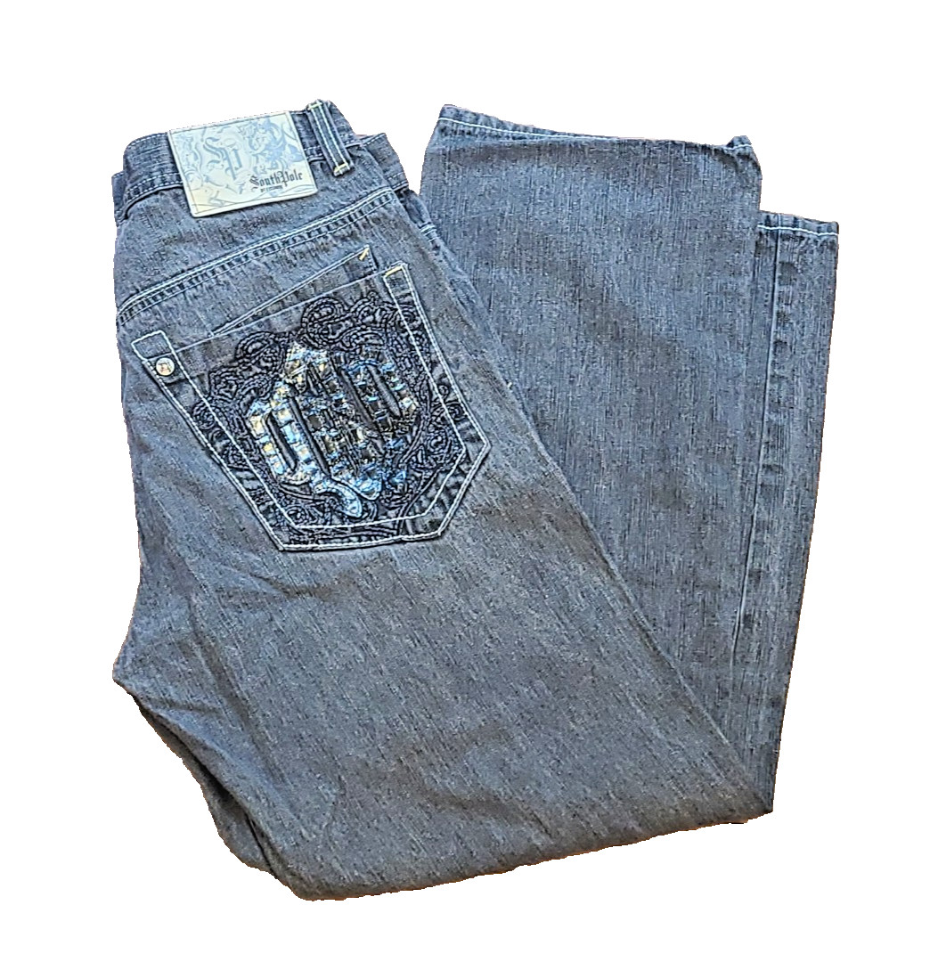 Vtg South Pole Baggy Jeans Y2K 32×29.5 Skate Grunge Hip Hop 90s Black Embroidery