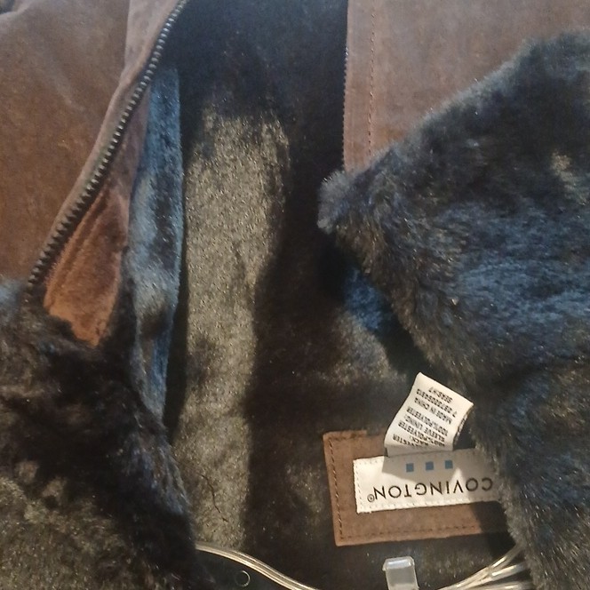 Covington Brown Leather Jacket Faux Fur Trim Collar Full Zip Lined Pockets L/G