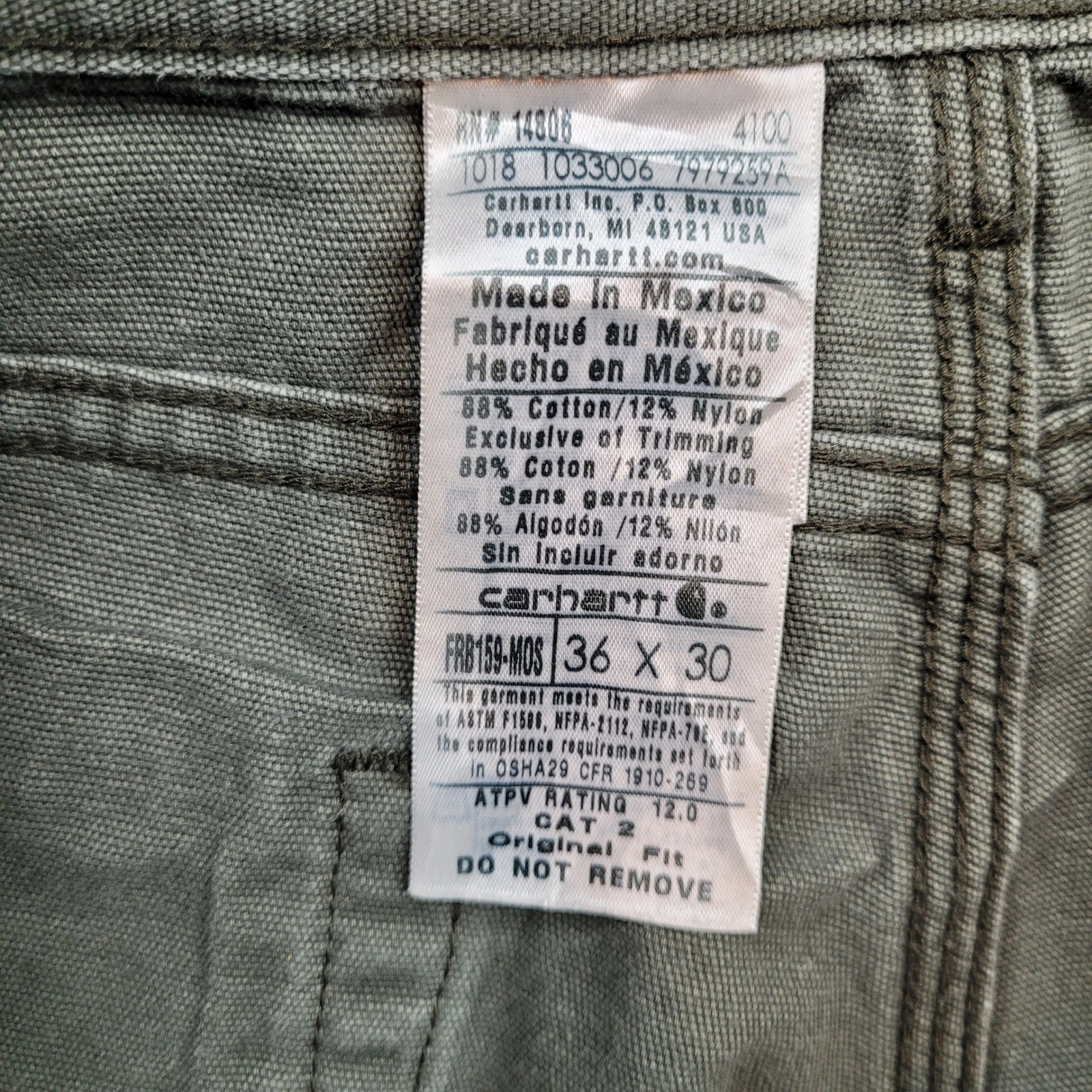 Carhartt FRB159-MOS Flame Resistant Canvas Pants Mens 36×30 Green Workwear CAT 2