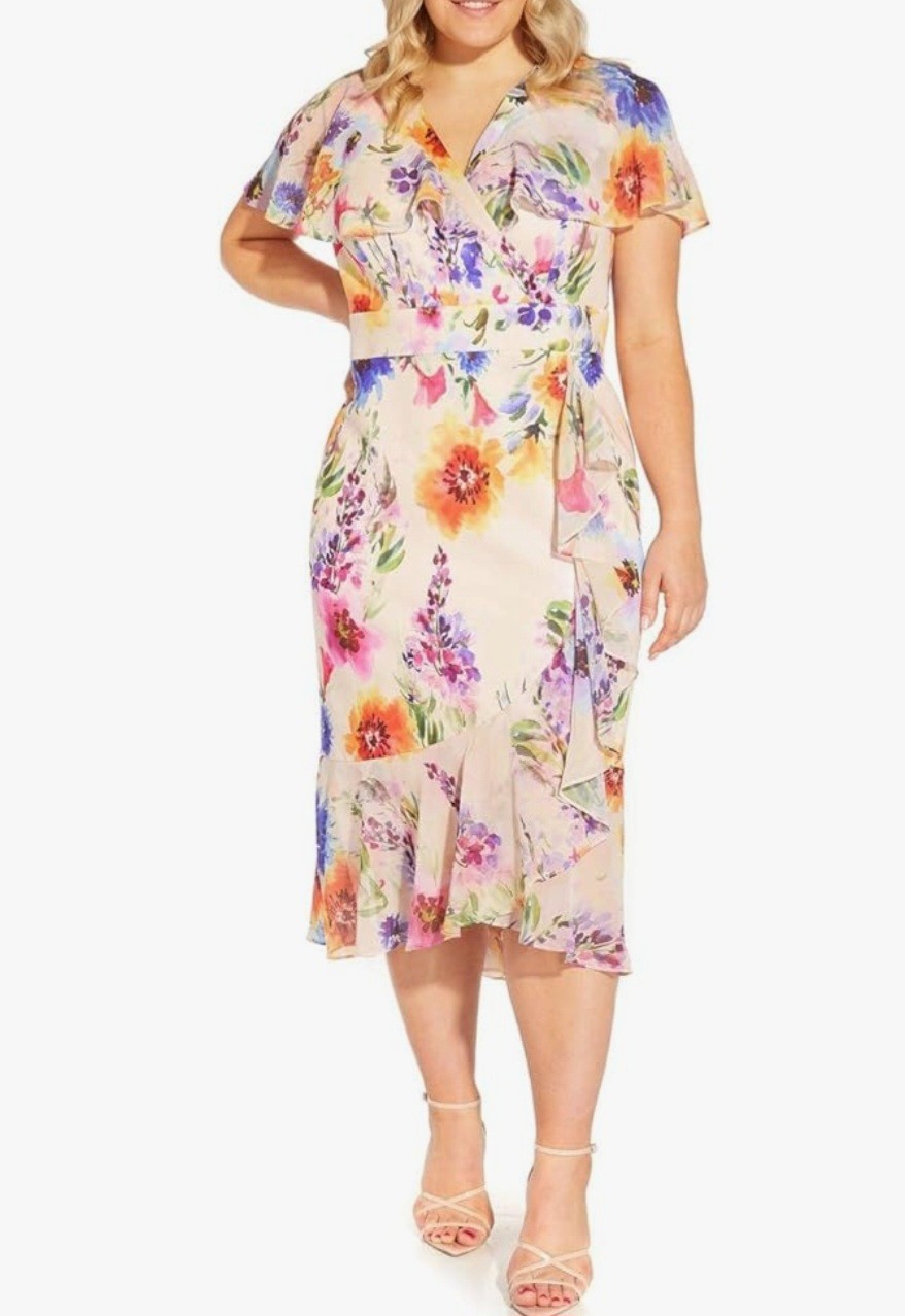 Adrianna Papell Floral Ruffled Faux Wrap Midi Dress Size-14W