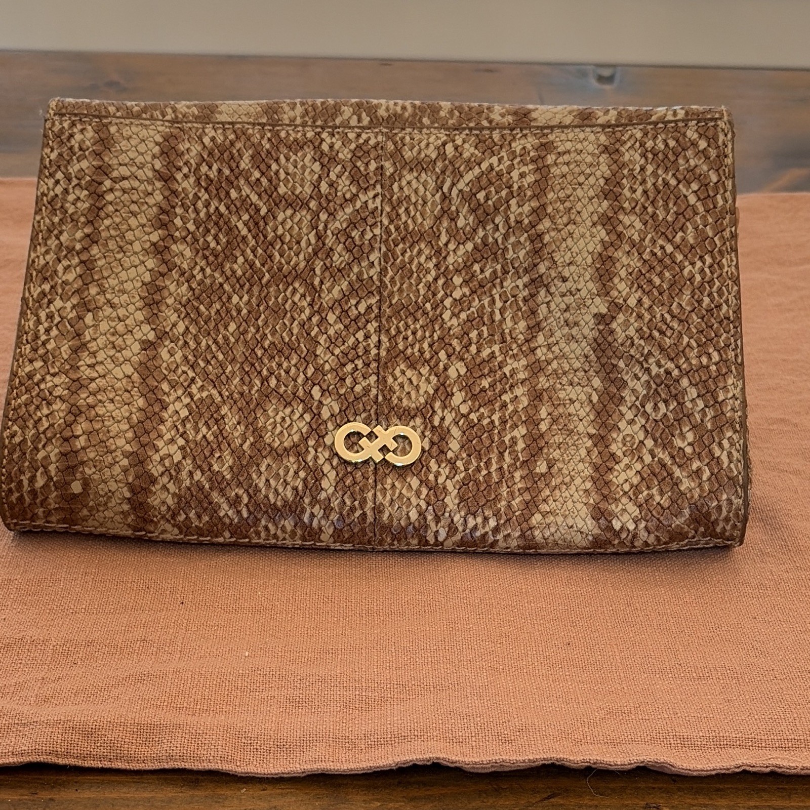 Cole Haan Pink Tan Snake Print Embossed Chain Bag Silver Hardware