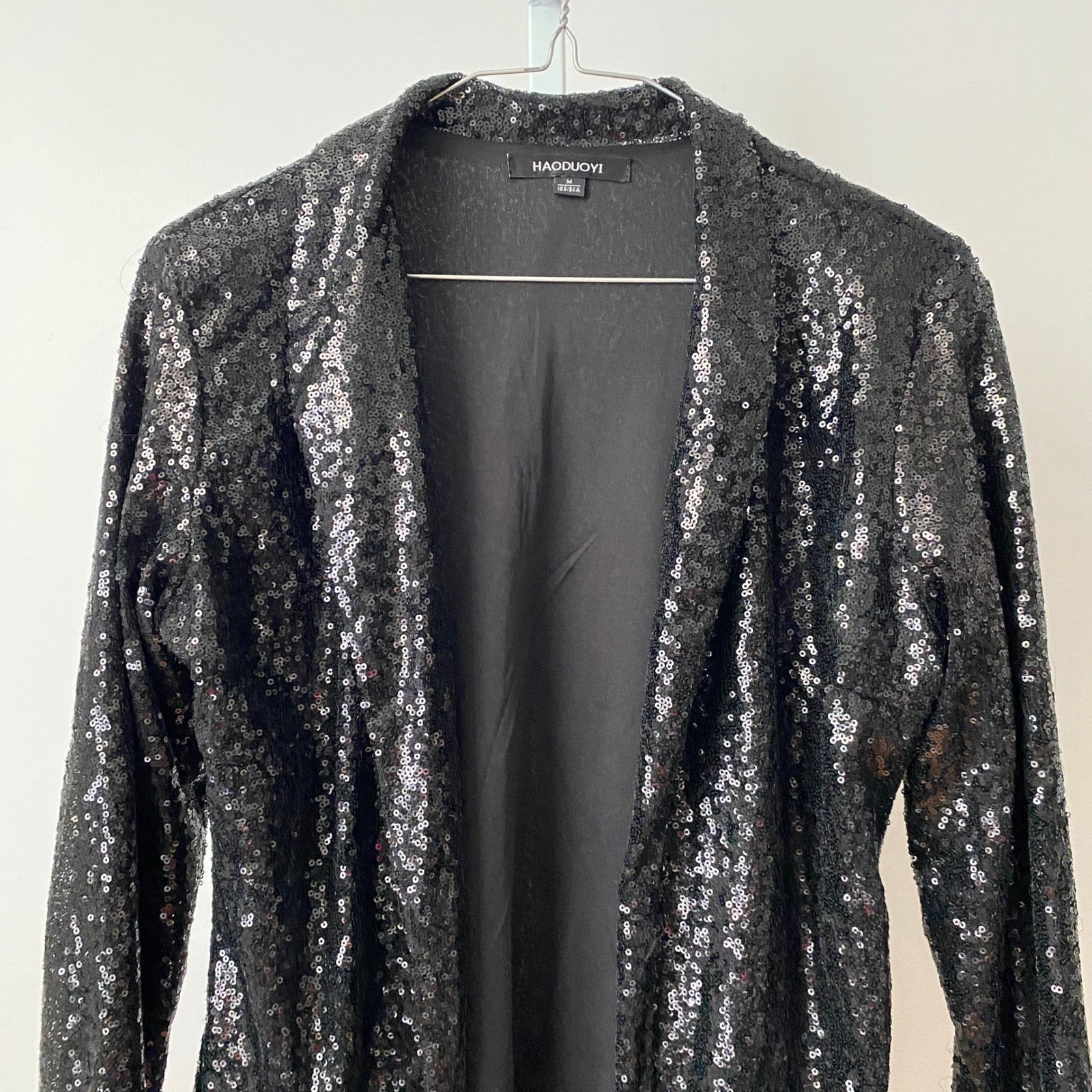 HAODUOYI sz M Black Sequin Open Front Blazer Jacket Whimsigoth Dark Romantic