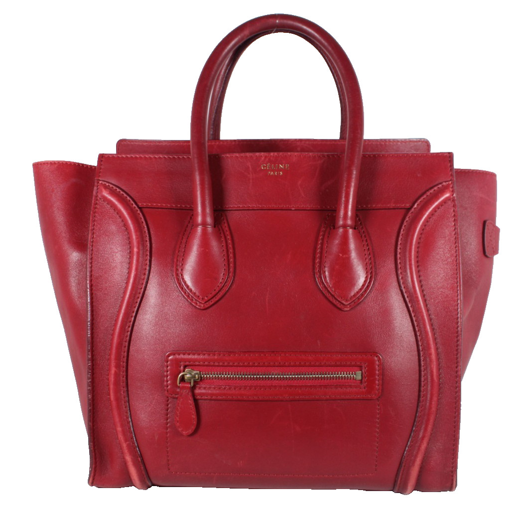 CELINE Carmine Red Leather Zip-Top MINI LUGGAGE Large Tote Bag