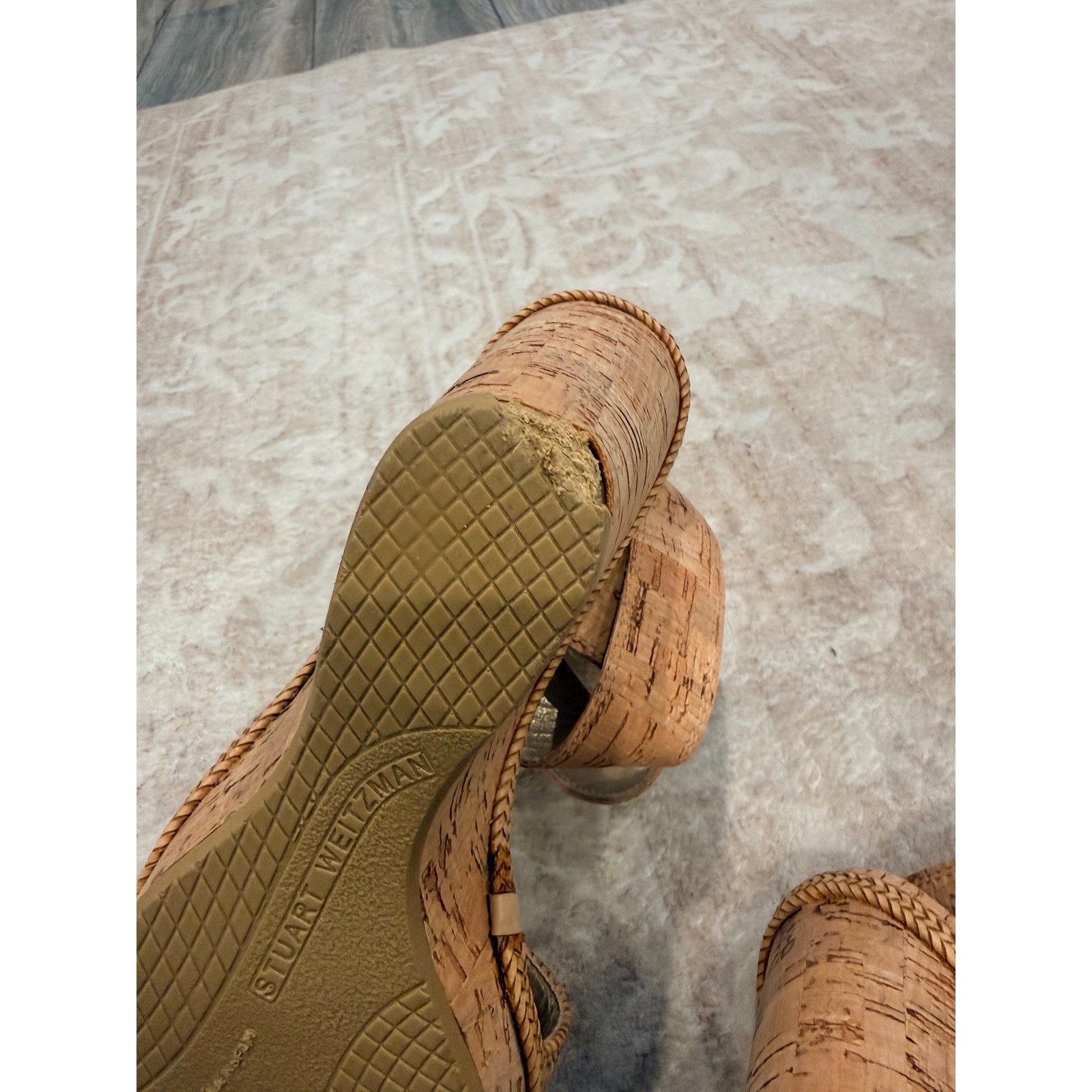 Stuart Weitzman Wraptor Natural Cork Wedge Sandals Braided Platform, 8.5M