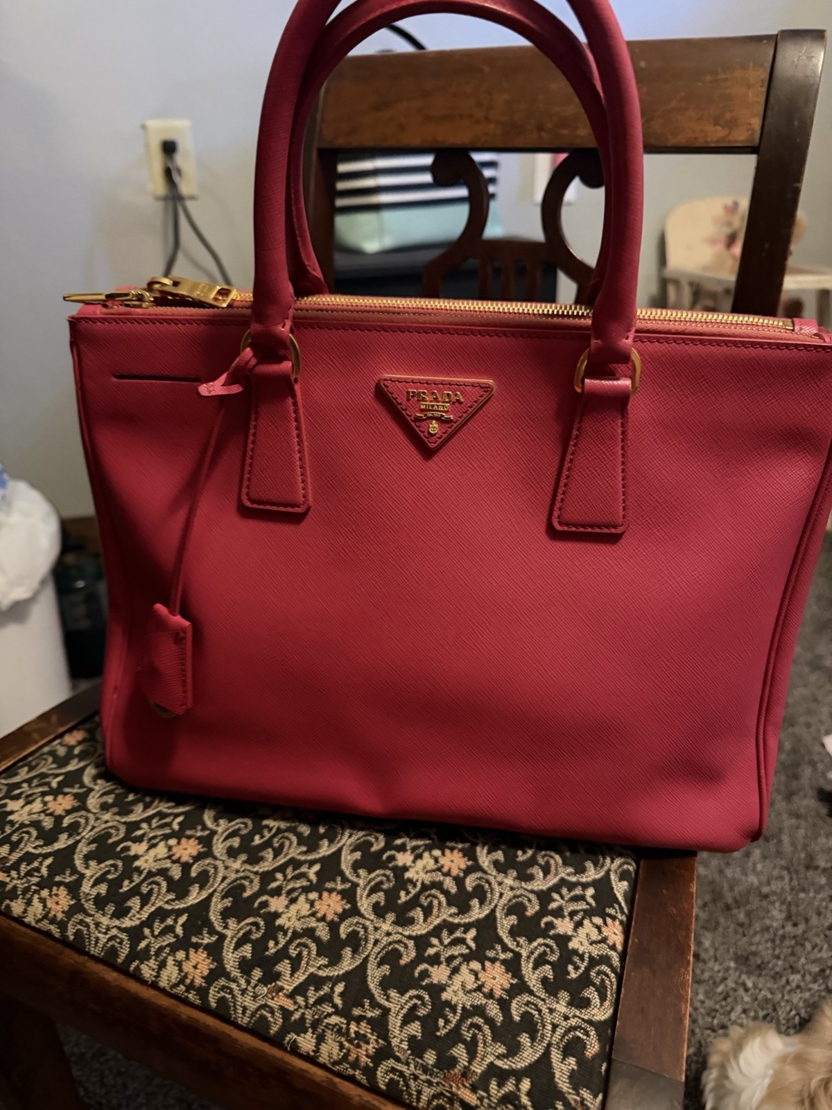 PRADA Pink Saffiano Satchel Top Handle Bag Zip, Detachable Strap, Gold