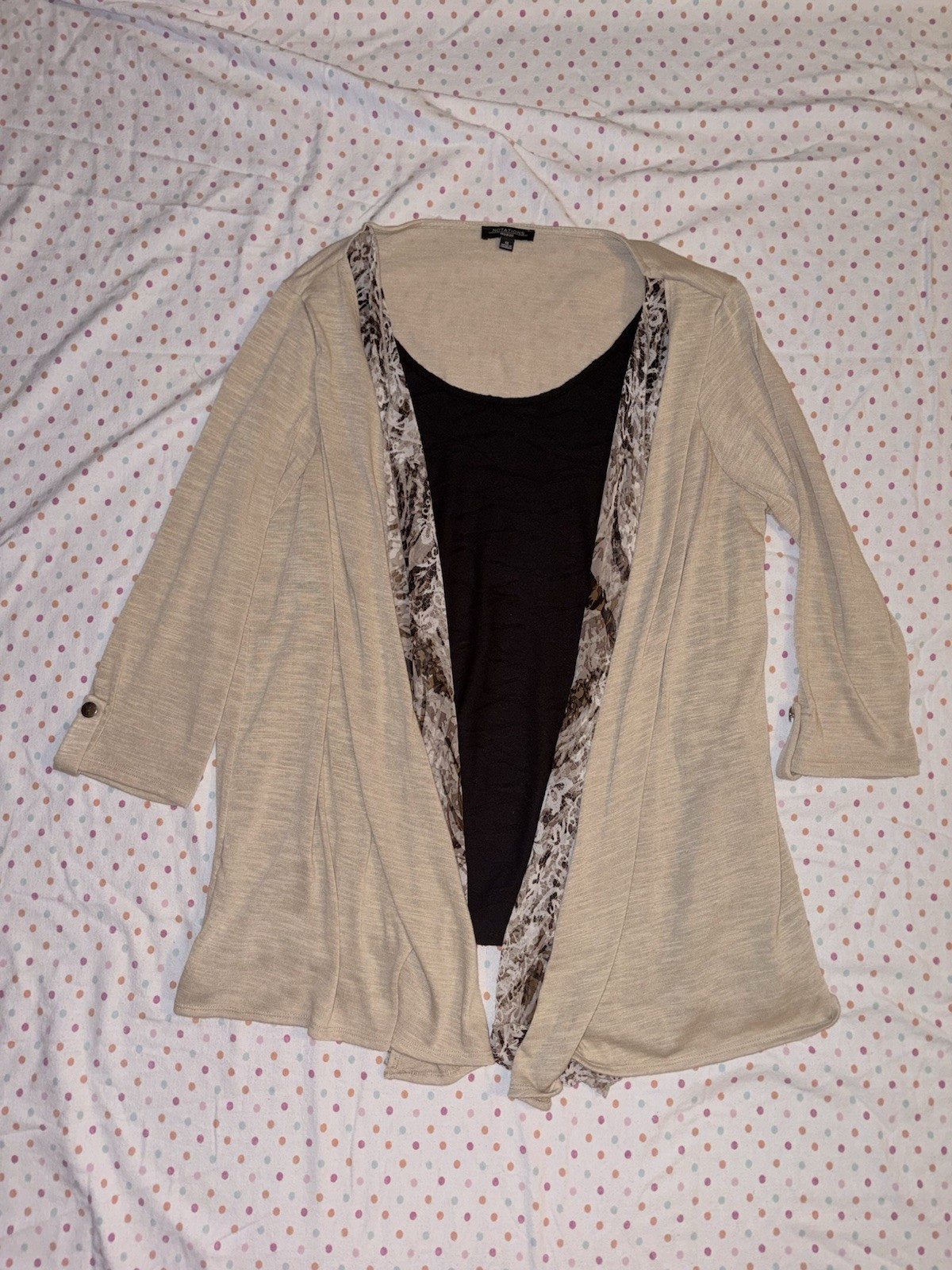 Notations Women’s 1X Beige Open Front Cardigan Layered Animal Print Top
