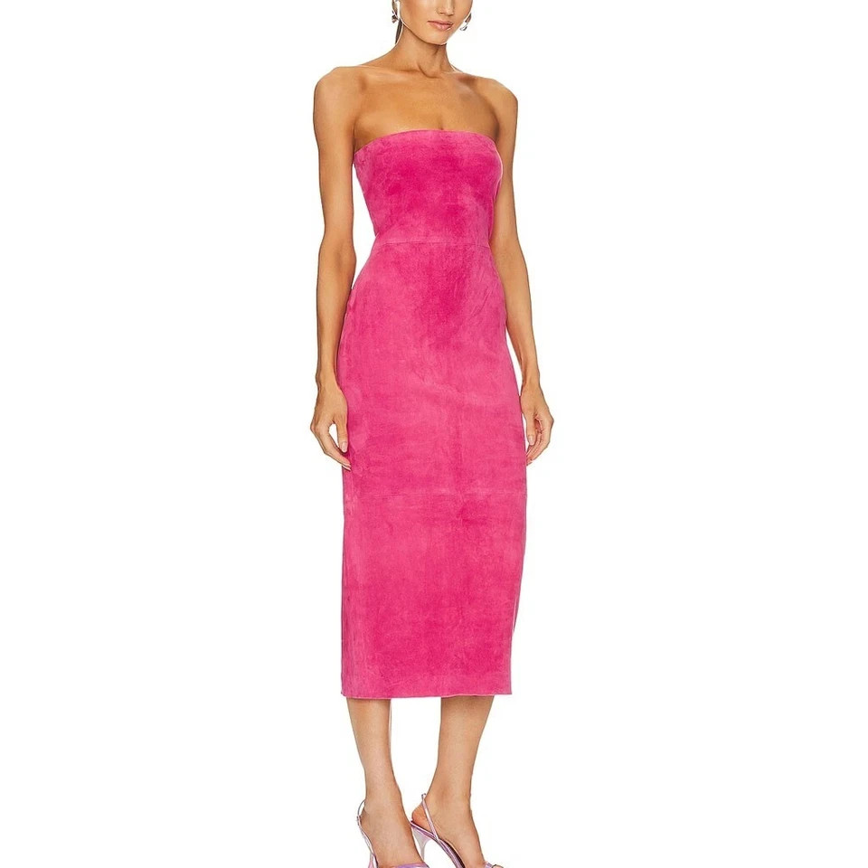 Barbie-Inspired Real Suede Leather Tube Dress Pink Suede Leather Midi Gown