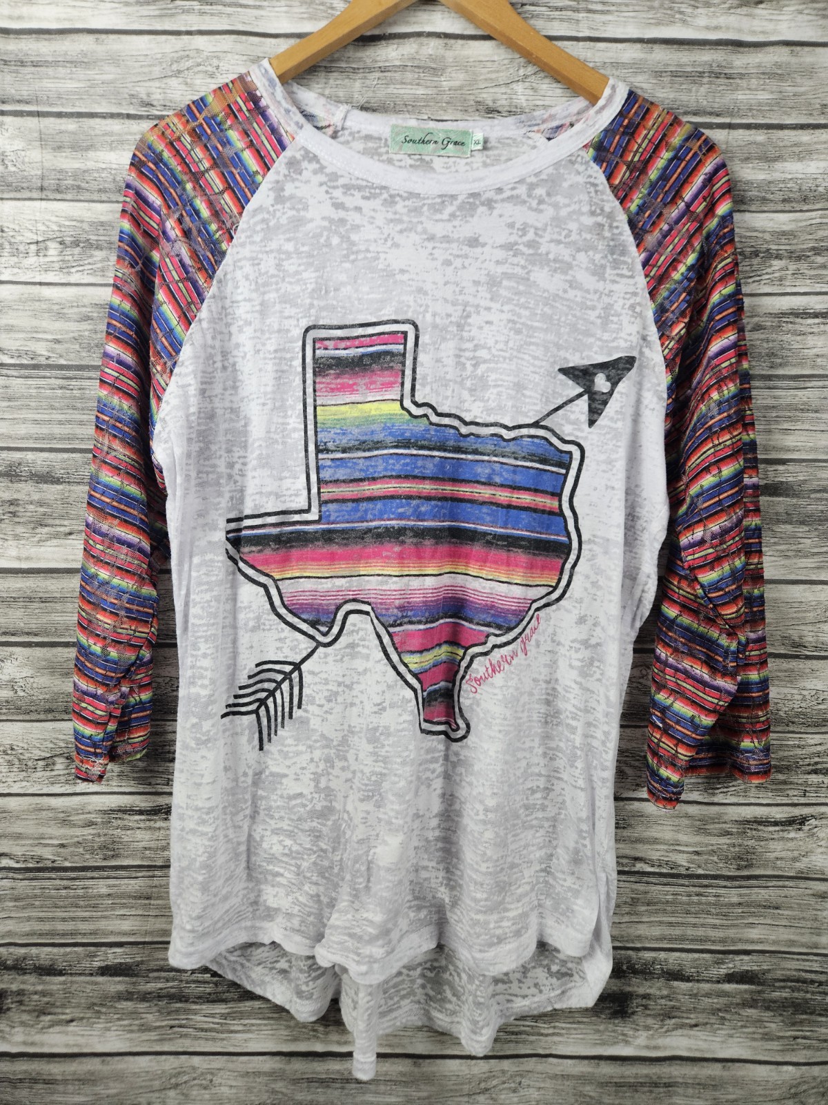 Southern Grace Women’s Size XL Burnout Texas Graphic Print Lace Baseball Tee Top