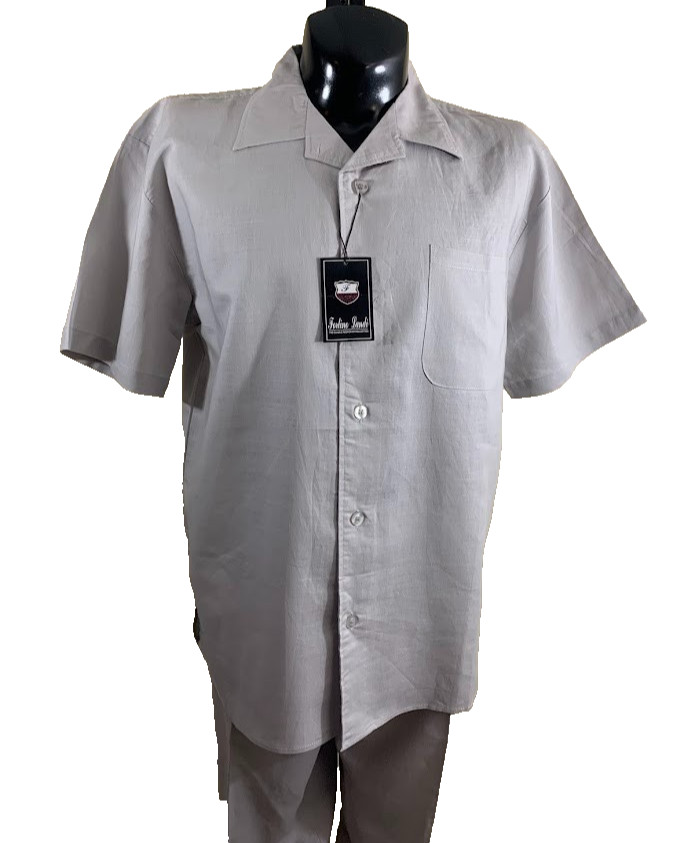 Fortino Landi Mens 2pc Walking Suit Linen Shirt Pleated Pants Set Large Gray 36