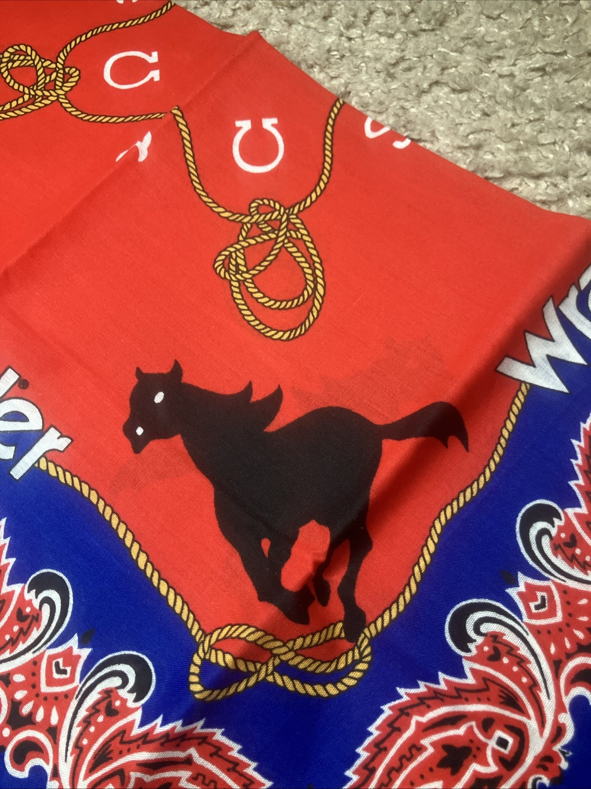 Vintage Wrangler Cowgirl Rodeo Queen Handkerchief Bandana 22″ x 21″ Red Blue