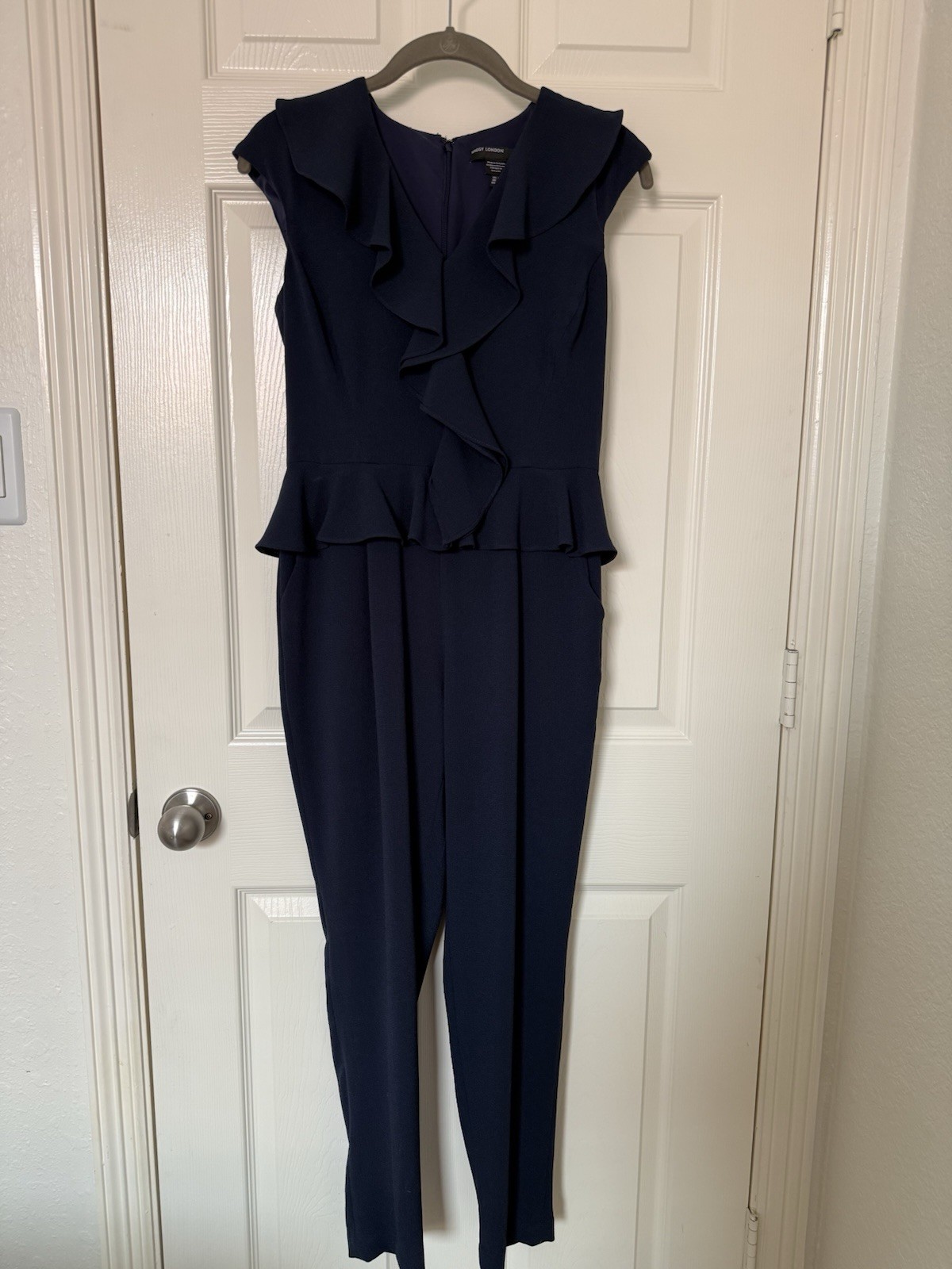 Maggy London Navy Ruffle Sleeveless Crew Neck Jumpsuit Tapered Leg Size 2