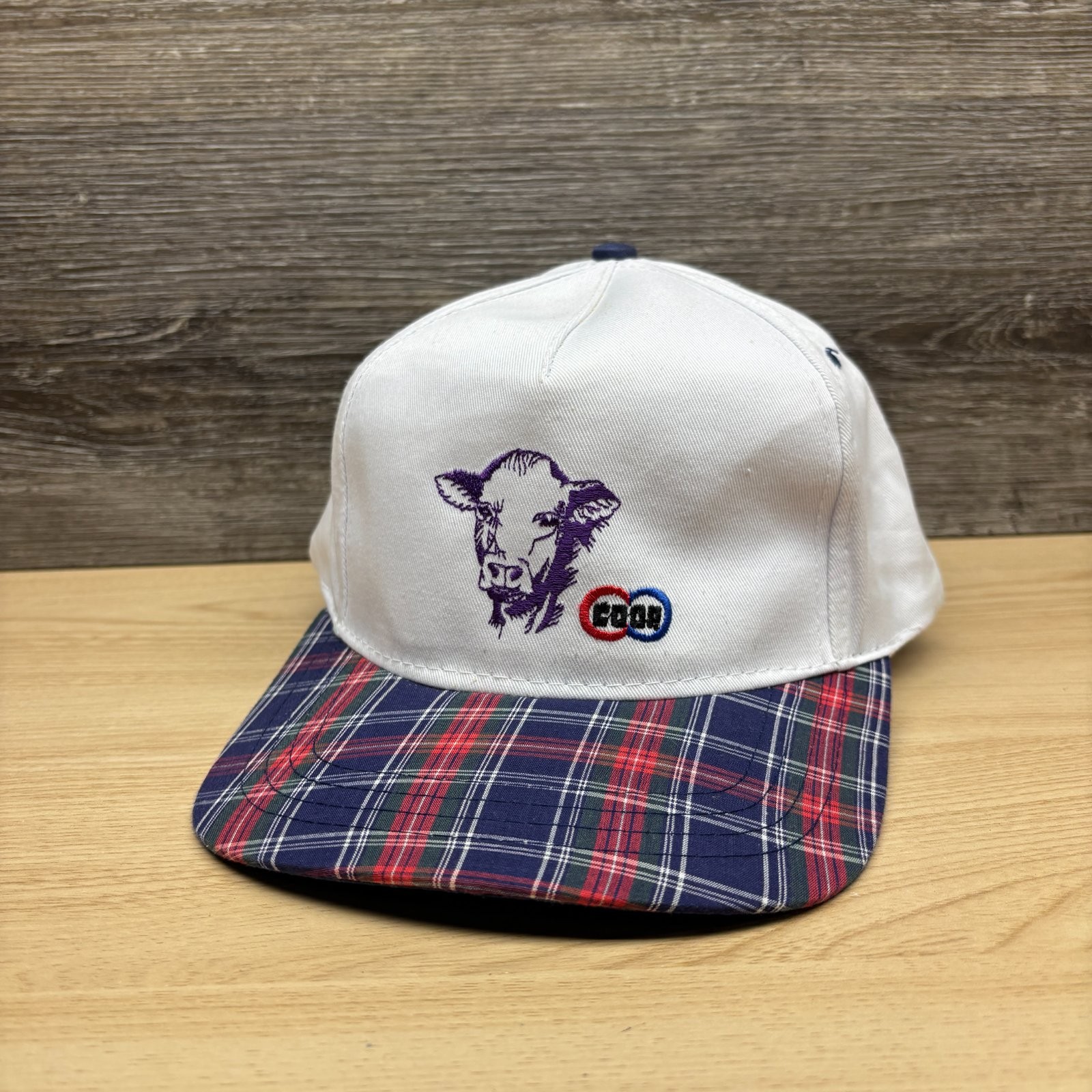 Vintage CO-OP Hat Cap Snap Back White Plaid Pro-Phos Minerals Cow Farm Promo 90s