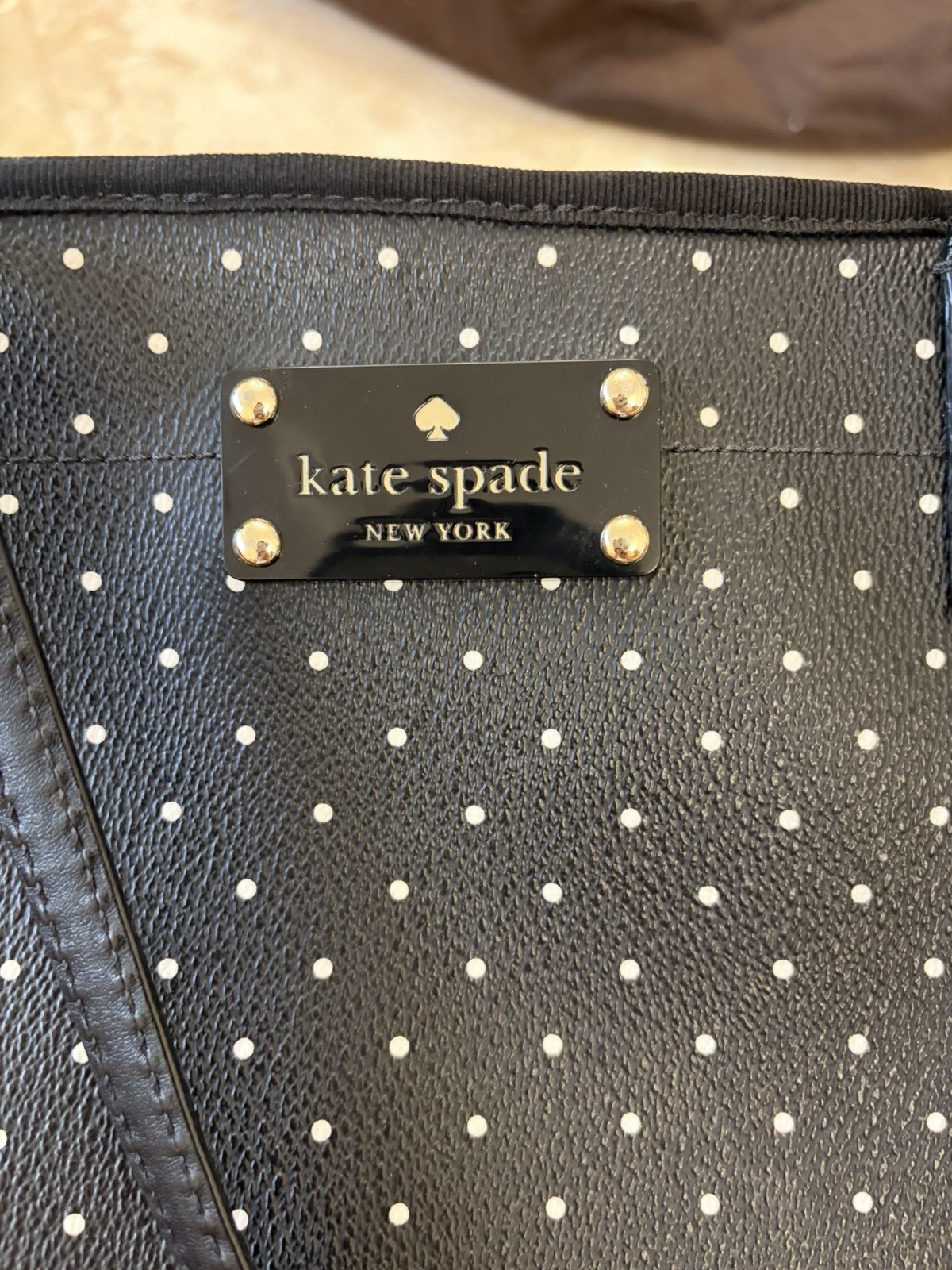 Kate Spade New York Black White Polka Dot Small Tote Logo Gold Hardware