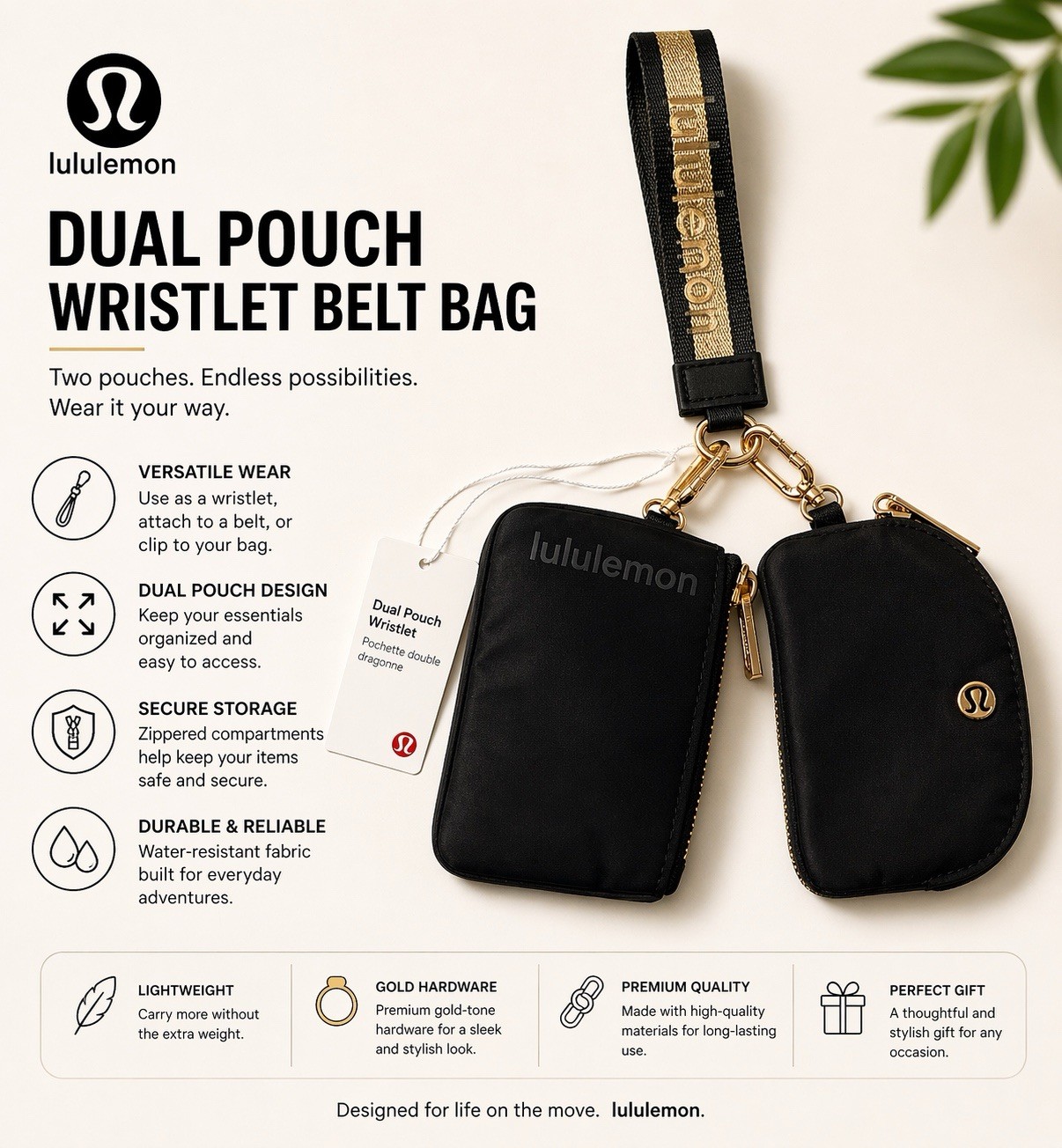 Lululemon Wristlet Belt Bag Dual Pouch Black And Gold Color