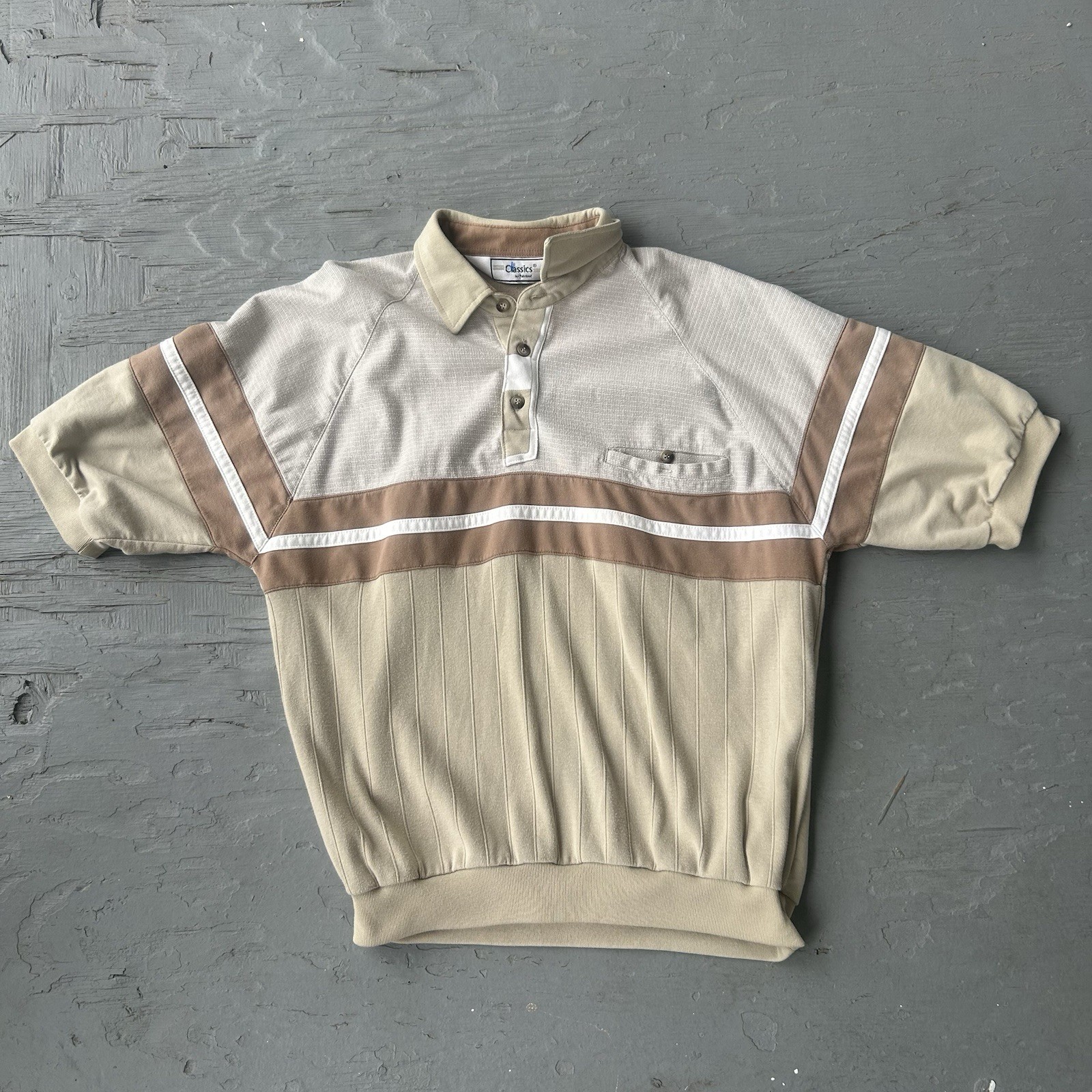 Vintage Classics By Palmhard Knit Polo Shirt Mens L Beige Brown Banded Waist 70s
