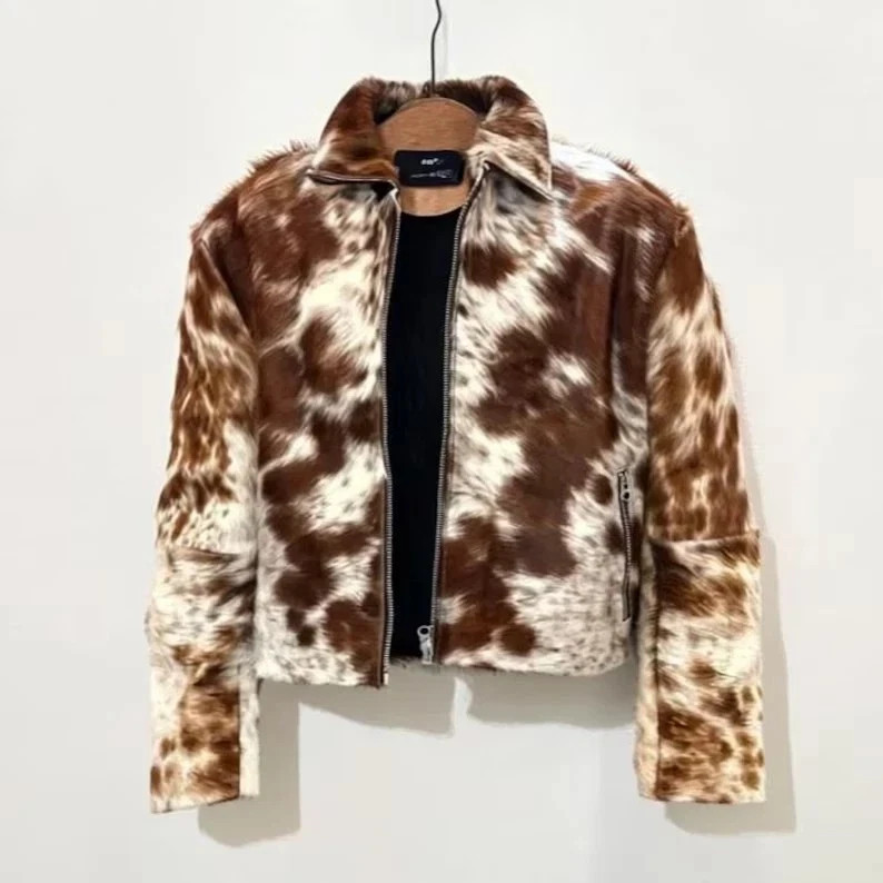 Handmade Cowhide Leather Western Jacket with Hair: Unisex Natural Brown &…