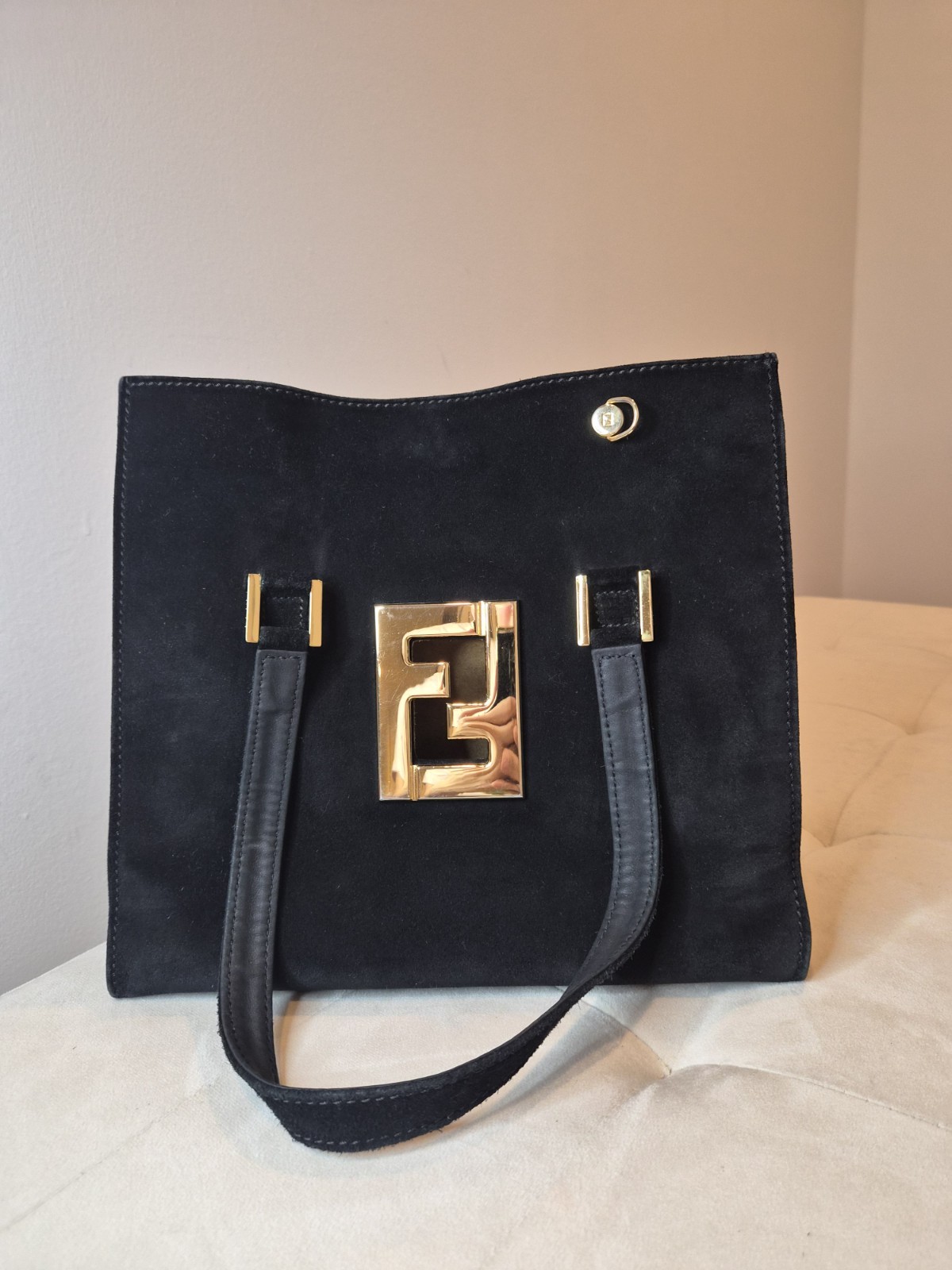 Fendi Black Medium Tote Bag Gold Tone FF Logo Detachable Adjustable Strap