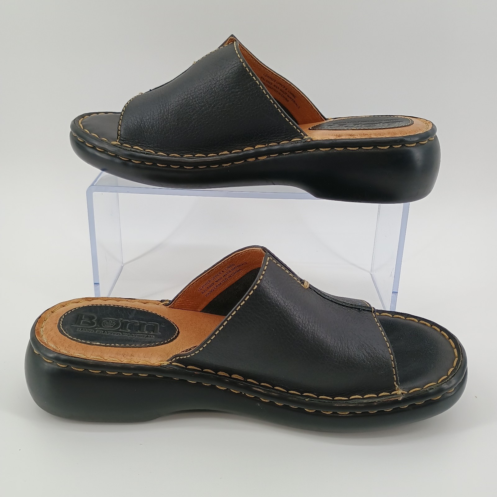 Børn Women’s Leather Slide Sandals 7 M Black Comfort Wedge B4585