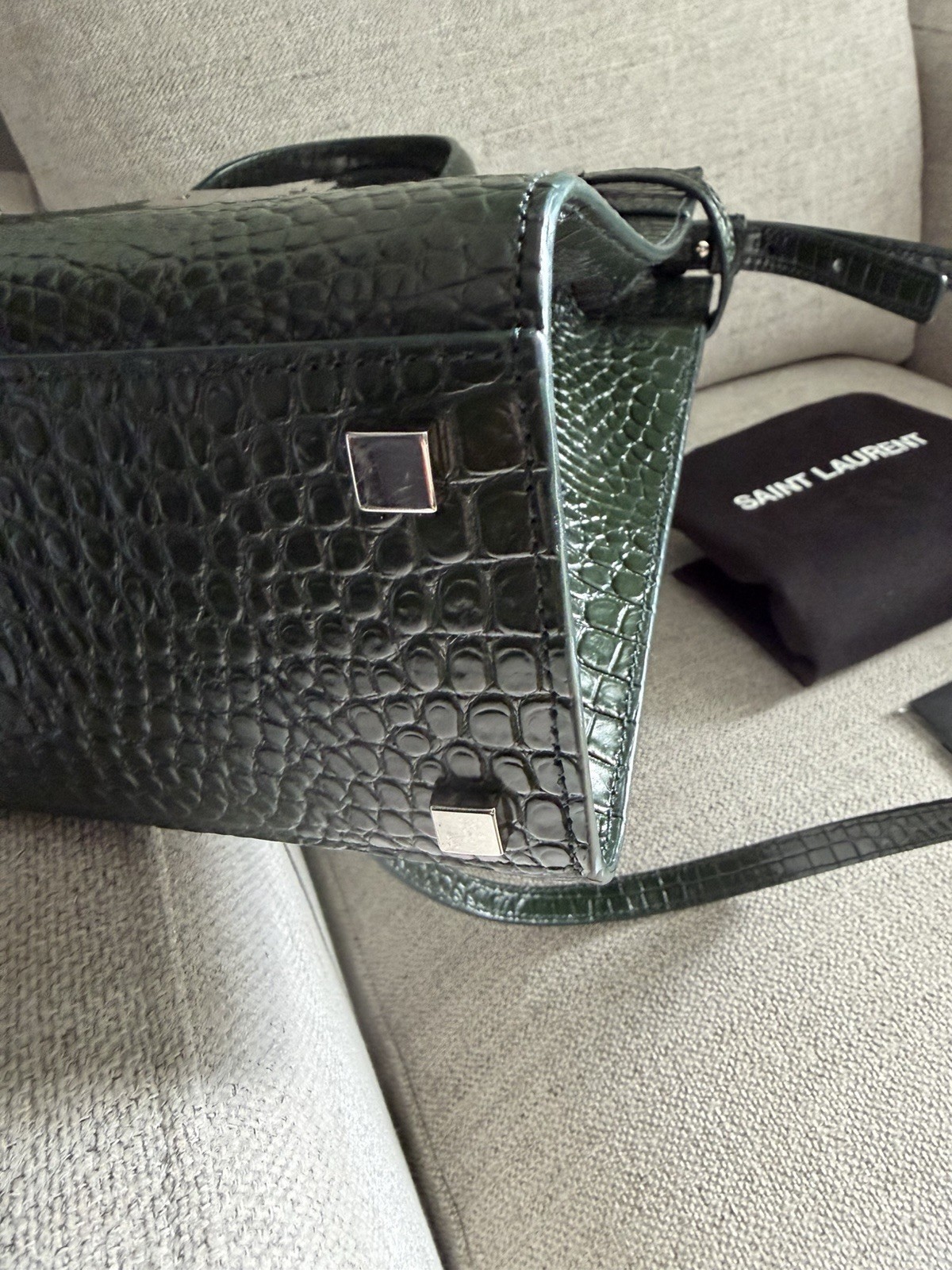 SAINT LAURENT Small Manhattan Green Silver Embossed Leather Bag Shoulder Strap