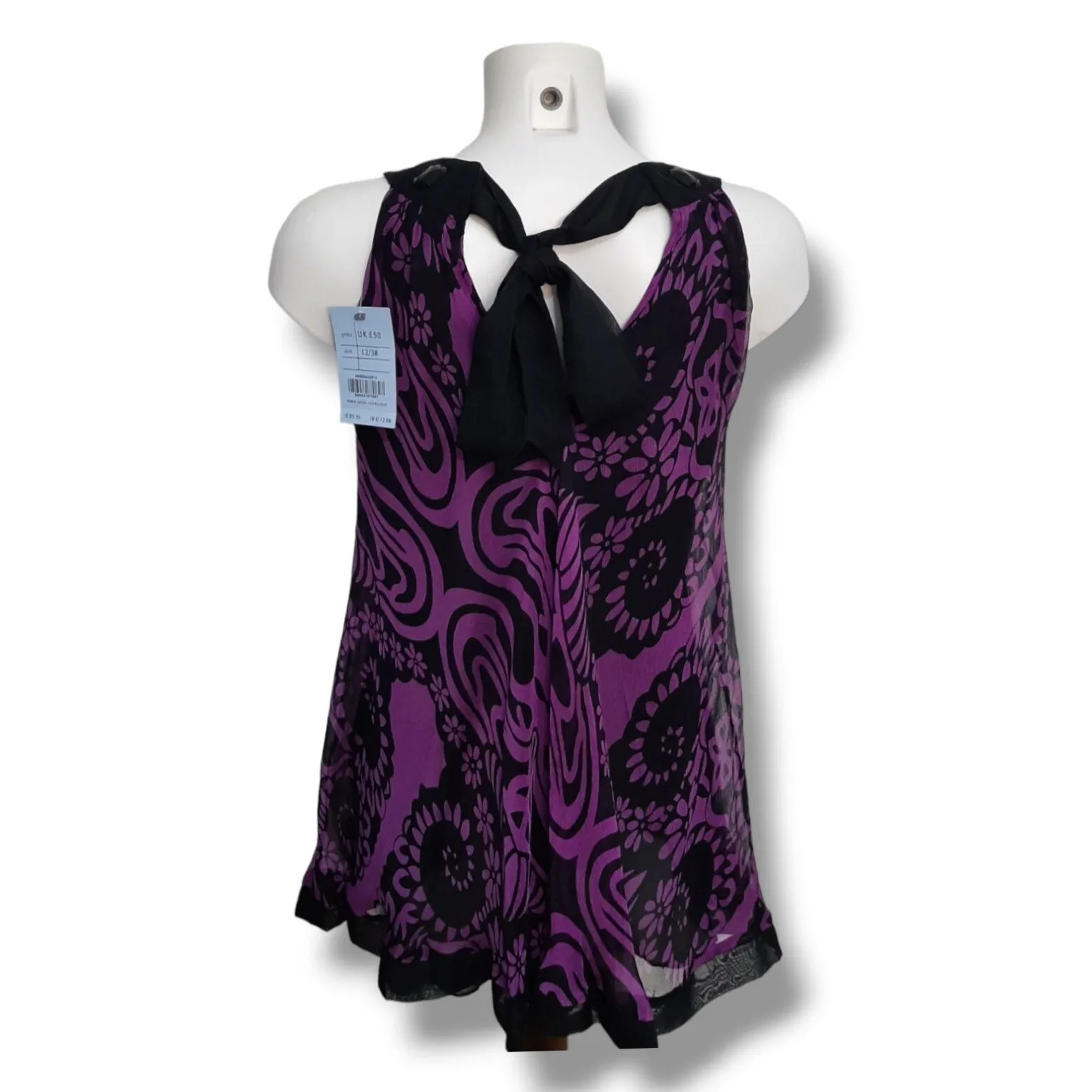 OASIS Pure Silk Sleeveless Top Tunic Pussy Bow Floral Black Purple 12 New NWT