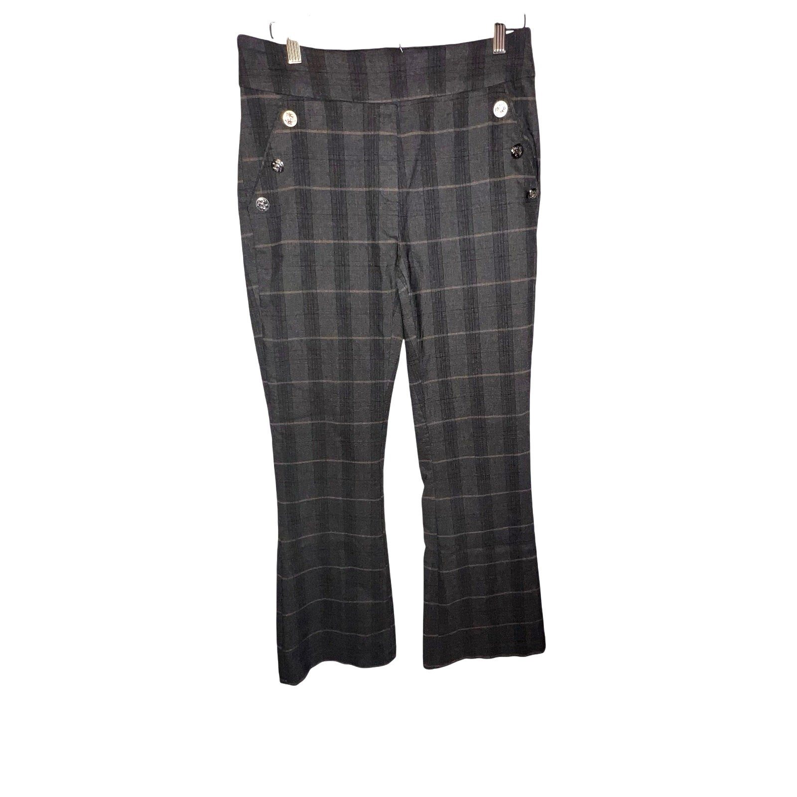 Ava &Grace women L black gray plaid wide leg button accent pocket dark academia
