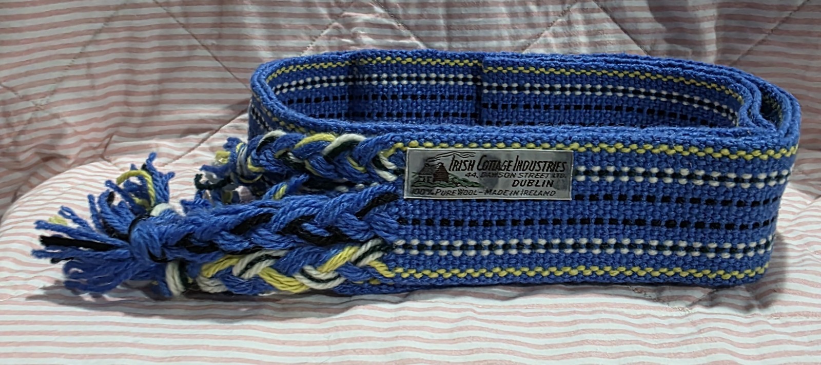 Irish Cottage Industries Woven Blue-Yellow-Scarf/Belt- Pure Wool-Dublin Ireland