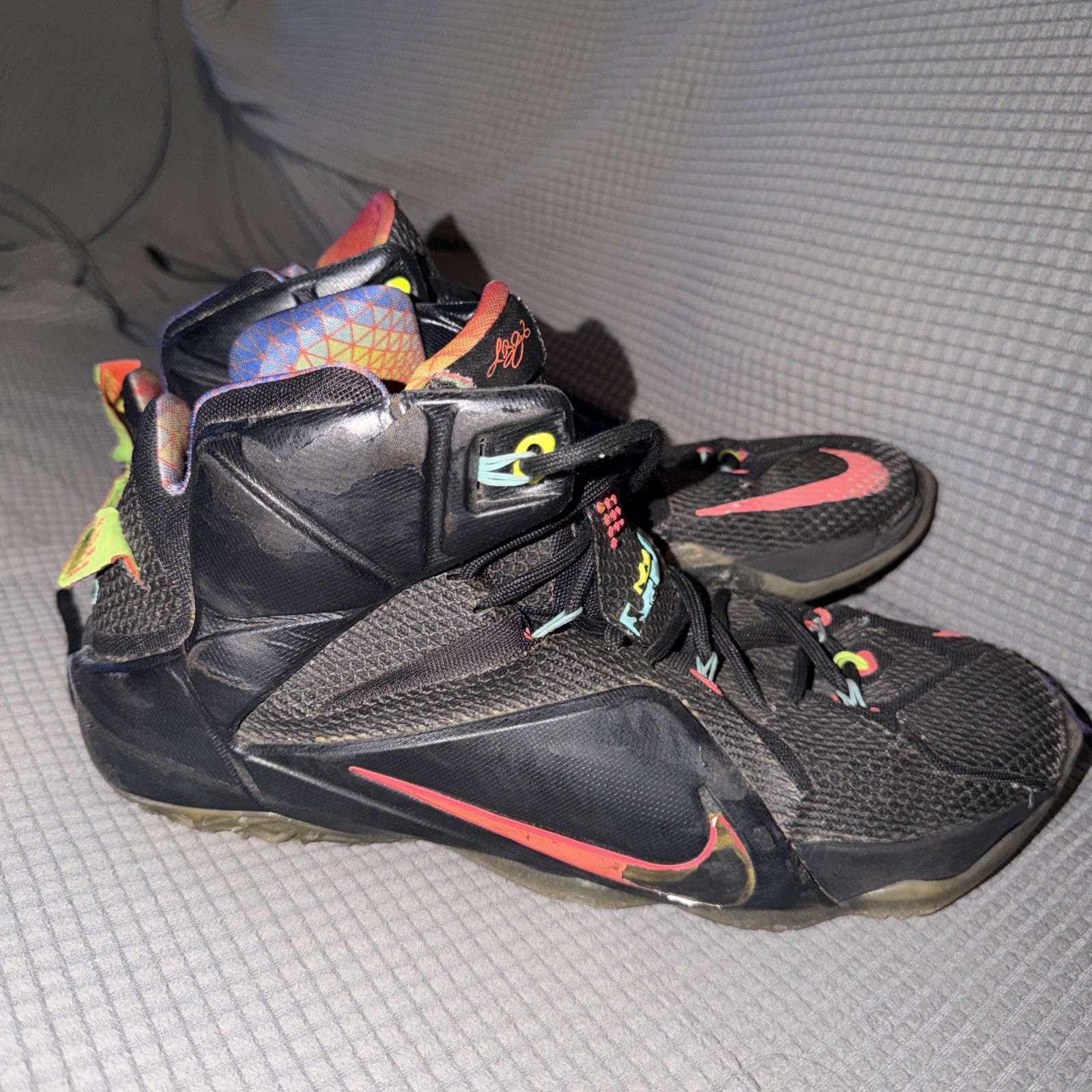 Nike LeBron 12 Data Black Bright Mango Hyper Punch Volt Shoes Mens Size 12