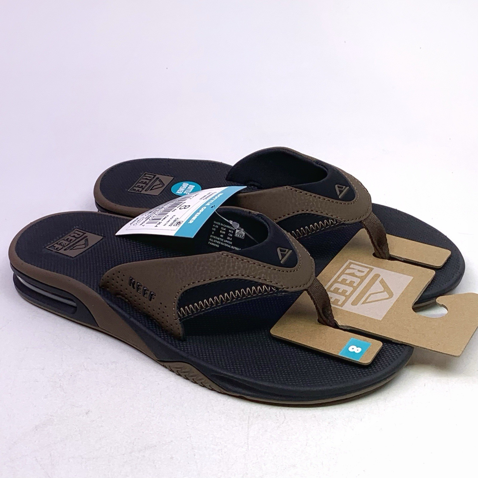 REEF Fanning Flip-Flop Sandals & Sole Bottle Opener Black/Tan Men’s Size 8 NEW