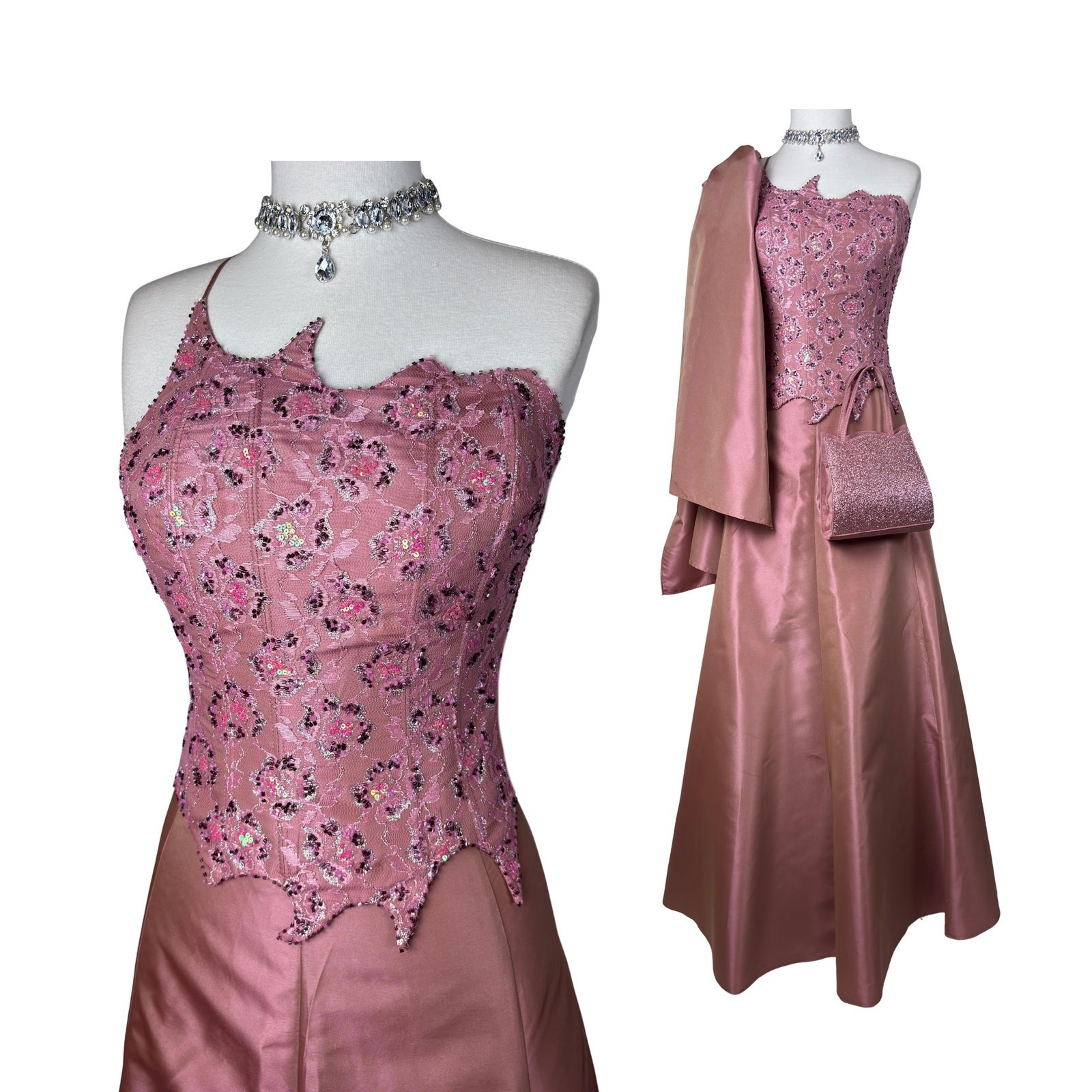 Vintage Pink Corset Prom Dress Set: Y2K Prom Gown Satin Gown, Glitter Bustier