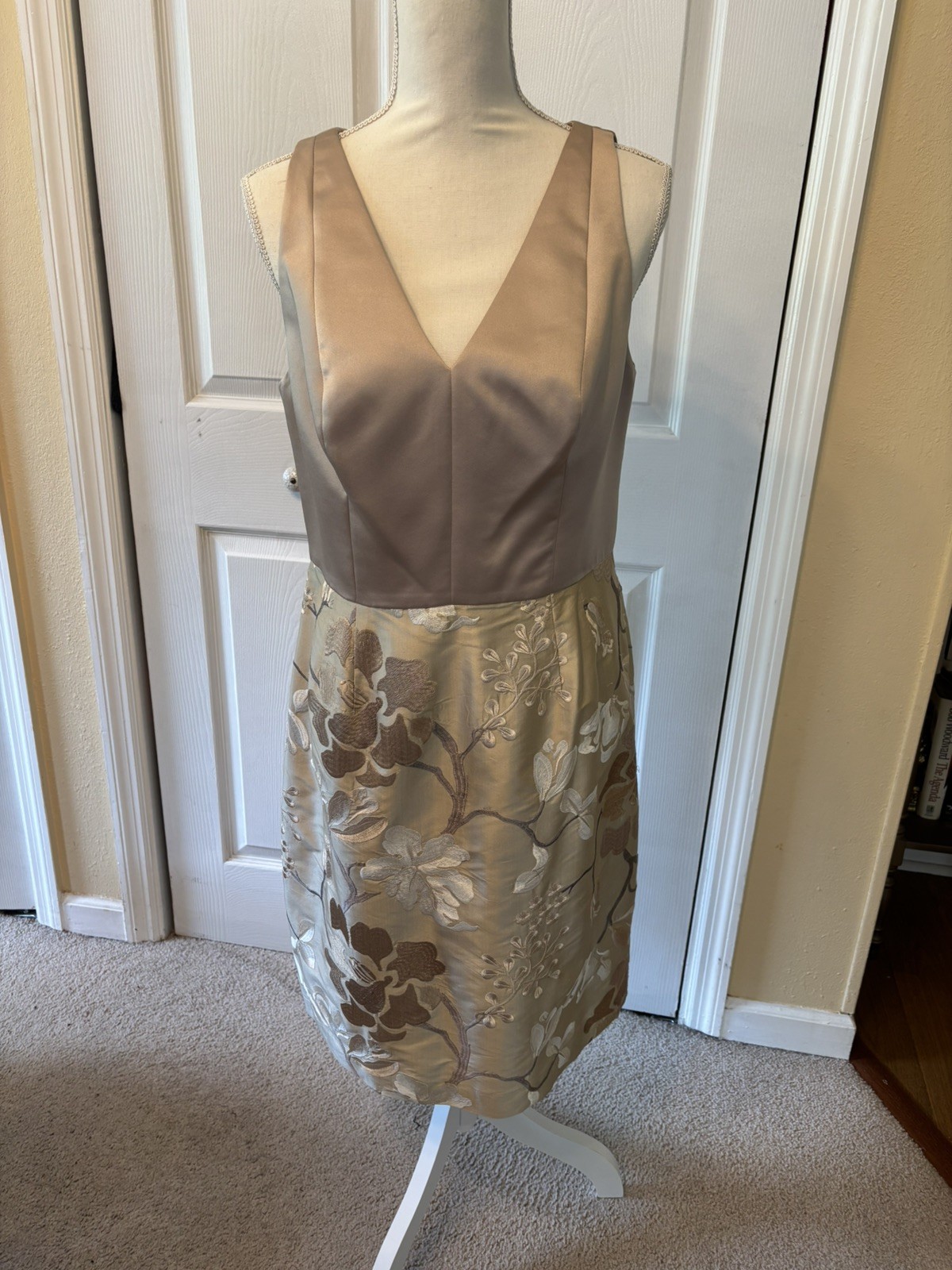 Kay Unger Satin Dress with Solid V Neck Top and Floral Brocade Bottom
