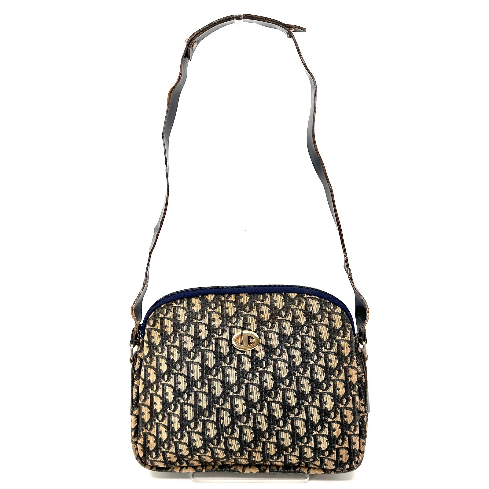Christian Dior Shoulder Bag Vintage Trotter Canvas Leather Brown Navy Auth _0156