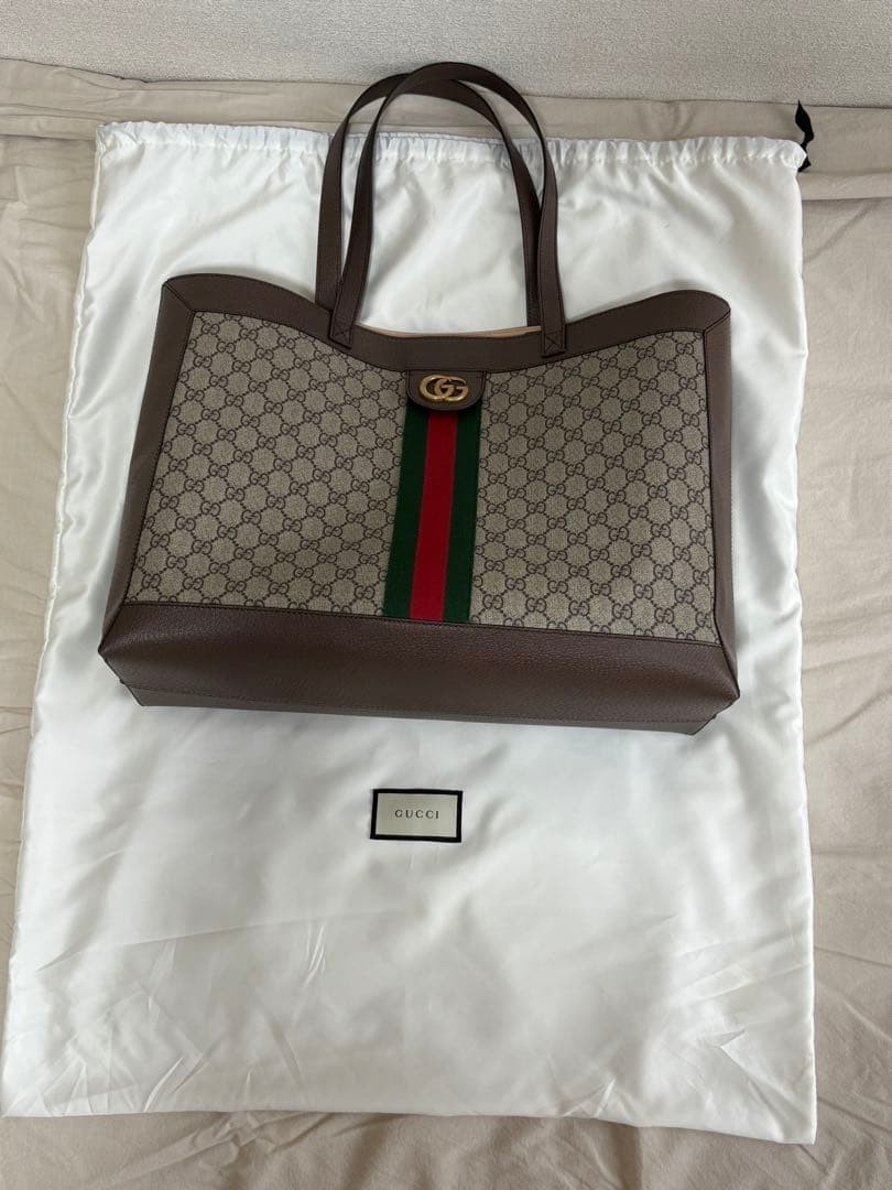 GUCCI Ophidia GG Supreme Web Medium Tote Bag Beige Ebony Brown Gold Hardware